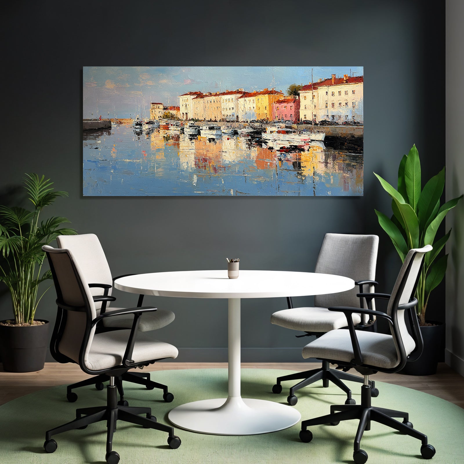 Seaside Scene Marina Boats Colorful Buildings Reflection Impressionistic Style