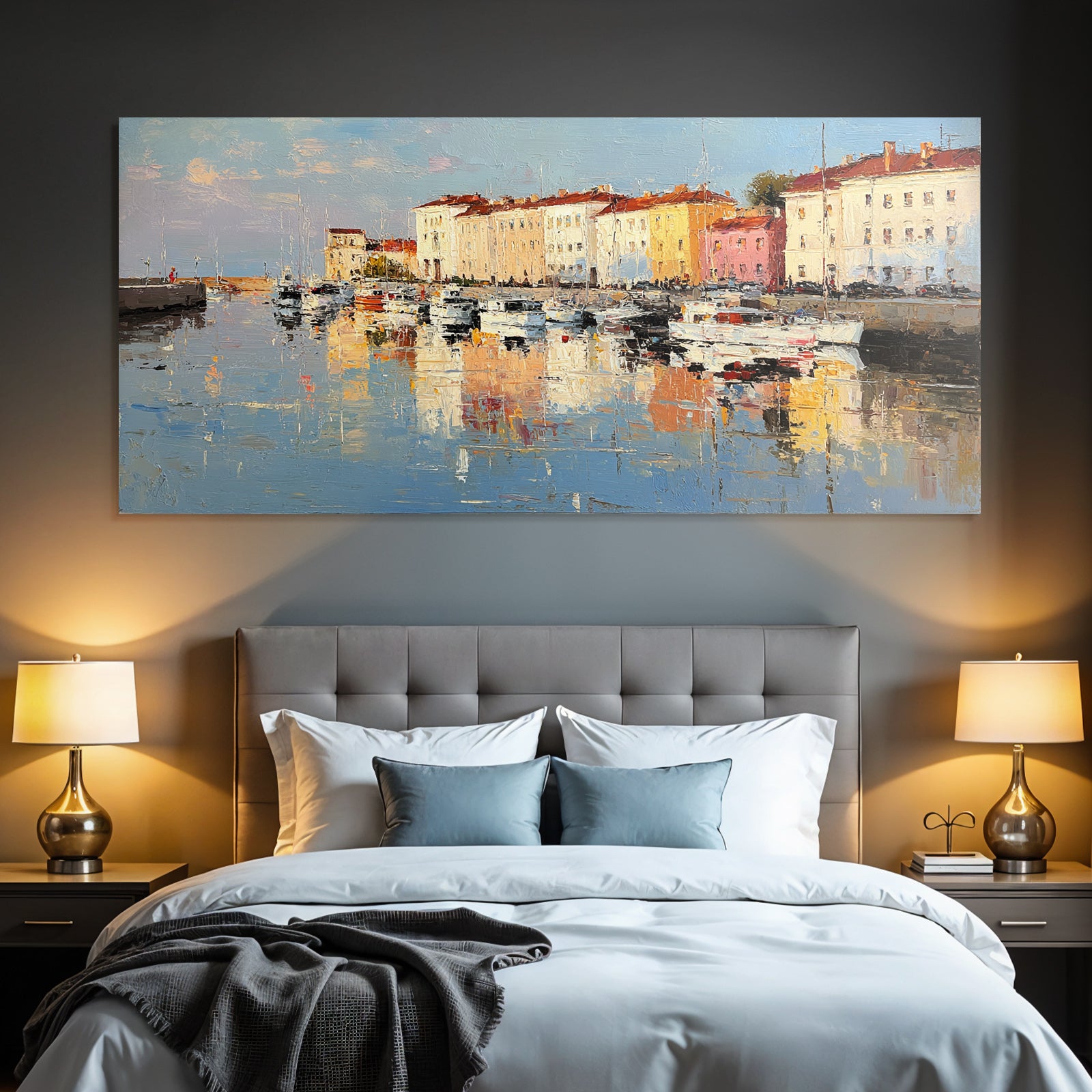 Seaside Scene Marina Boats Colorful Buildings Reflection Impressionistic Style