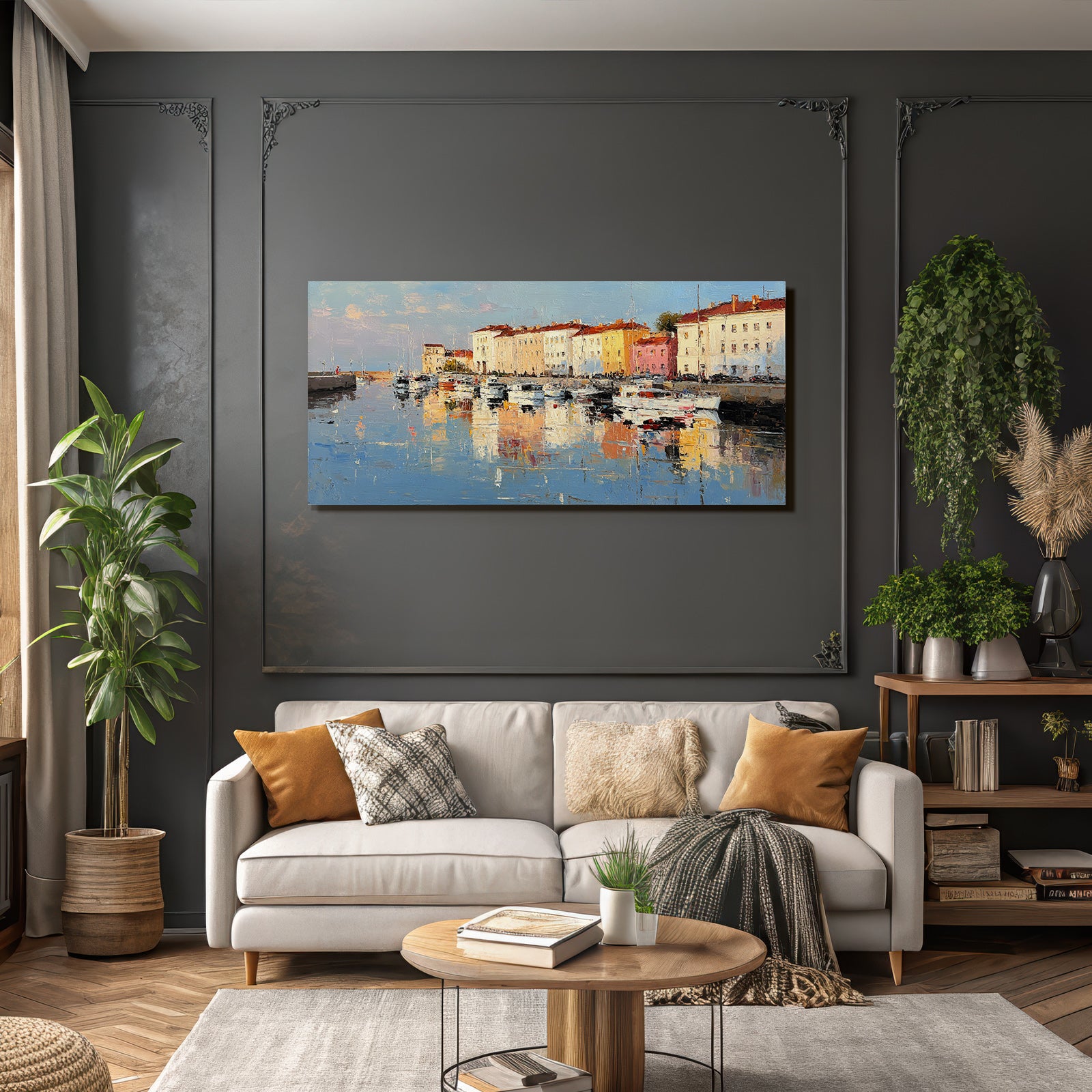 Seaside Scene Marina Boats Colorful Buildings Reflection Impressionistic Style