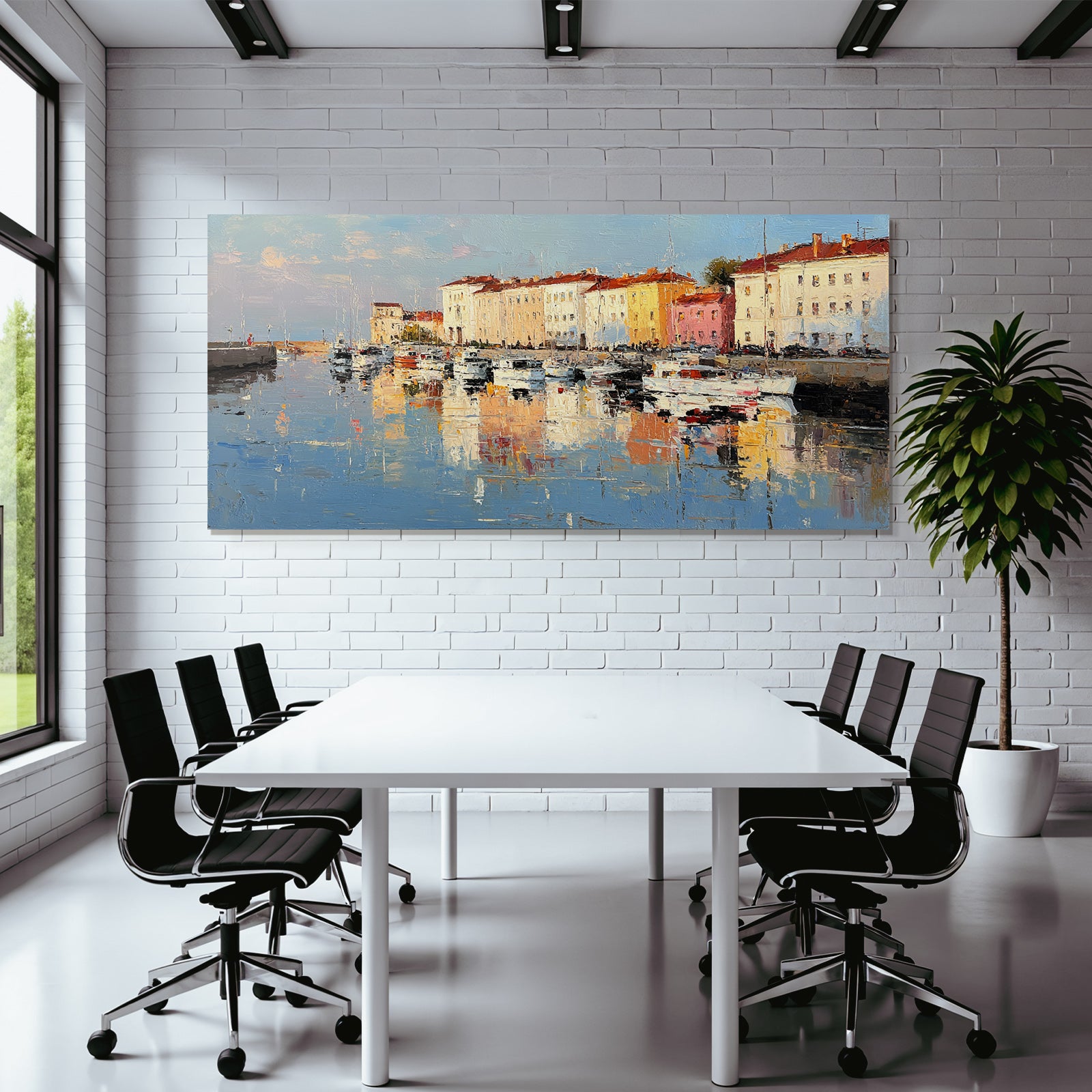 Seaside Scene Marina Boats Colorful Buildings Reflection Impressionistic Style