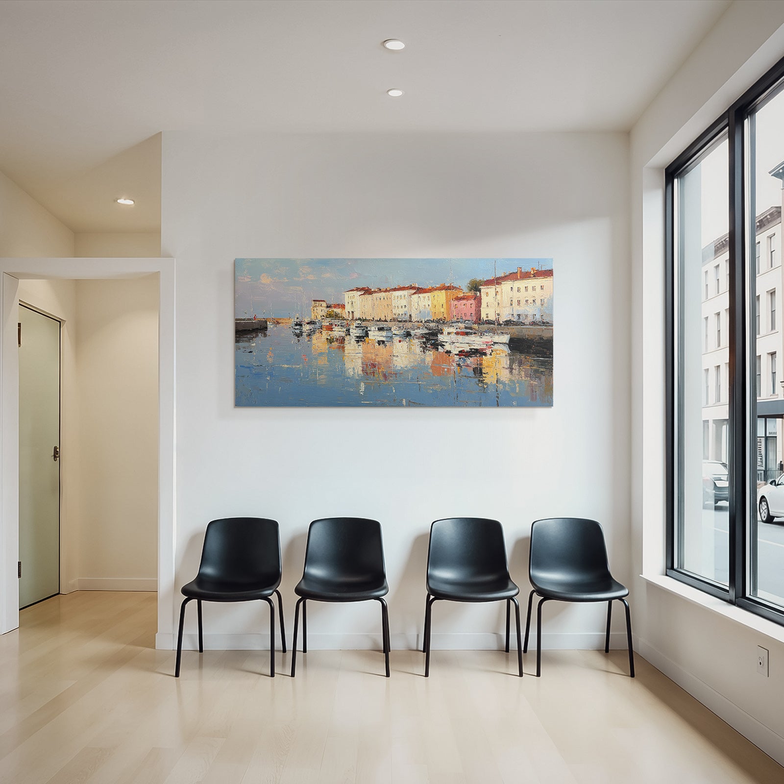 Seaside Scene Marina Boats Colorful Buildings Reflection Impressionistic Style