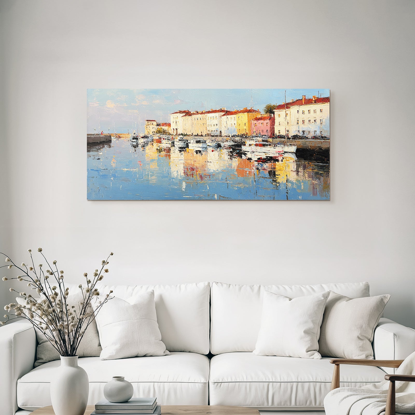 Seaside Scene Marina Boats Colorful Buildings Reflection Impressionistic Style