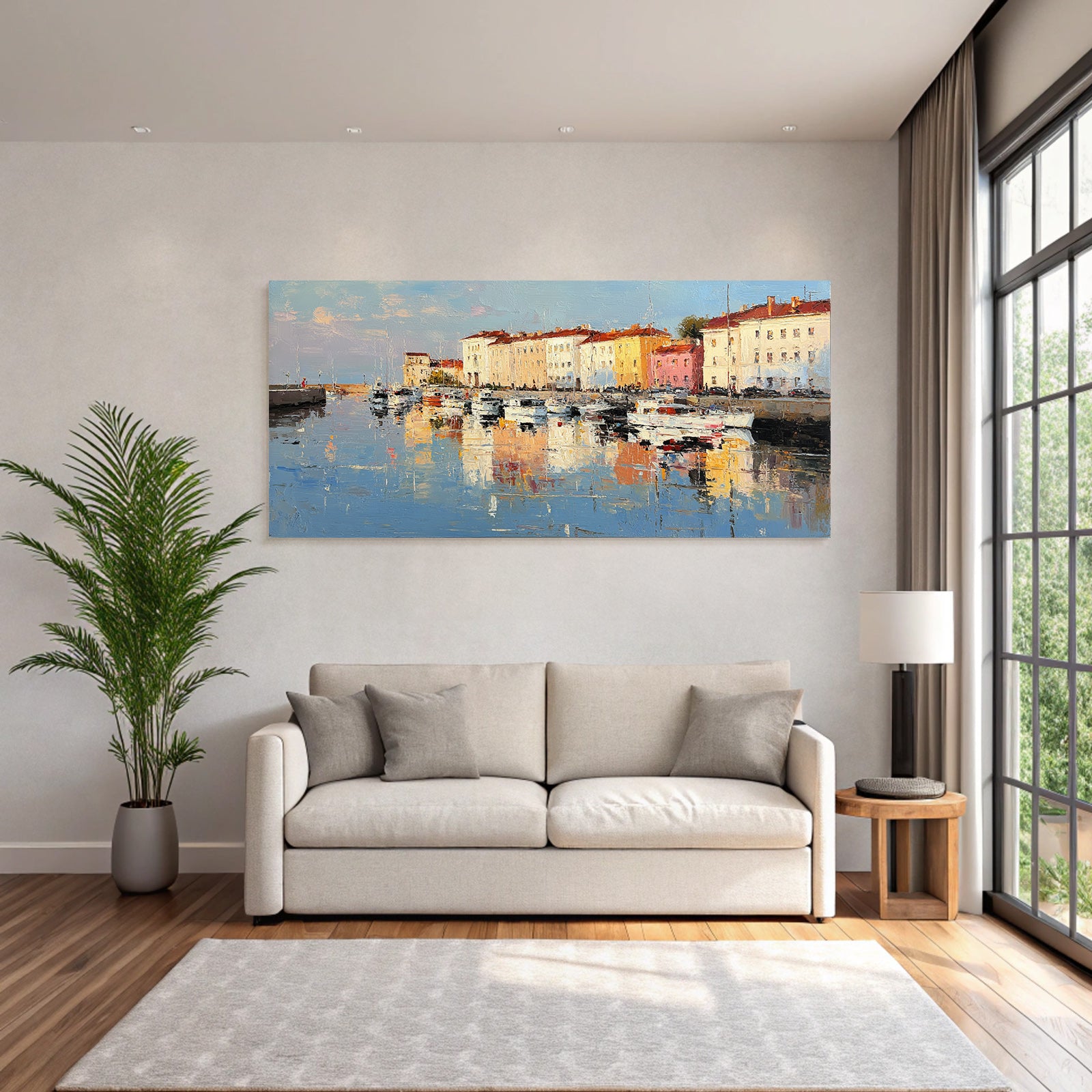 Seaside Scene Marina Boats Colorful Buildings Reflection Impressionistic Style