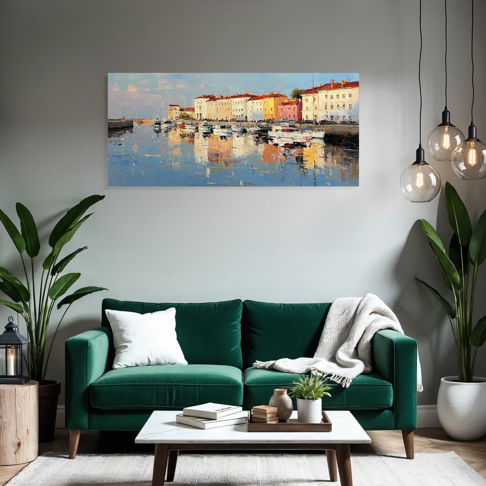 Seaside Scene Marina Boats Colorful Buildings Reflection Impressionistic Style