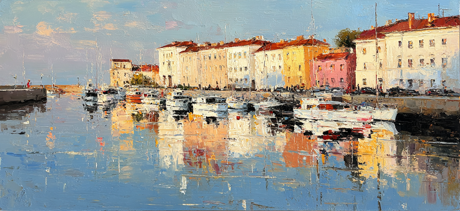 Seaside Scene Marina Boats Colorful Buildings Reflection Impressionistic Style | Sakrale Bauten | Architektur