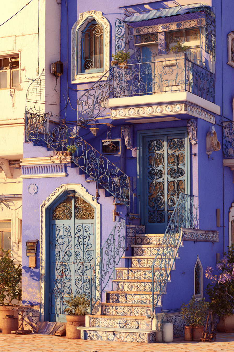 Blaüs Gebäude Mit Verzierten Balconys Und Türen | Tueren Treppen und Tore | Architektur