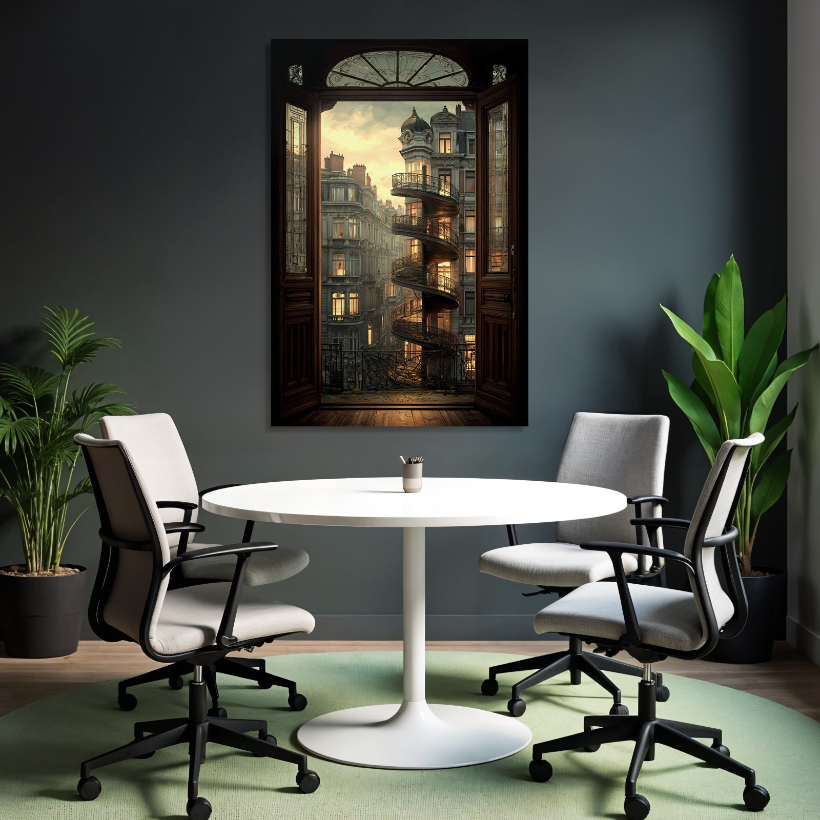 Spiral Staircase Outdoor Ornate Door Twilight Scenes Illuminated