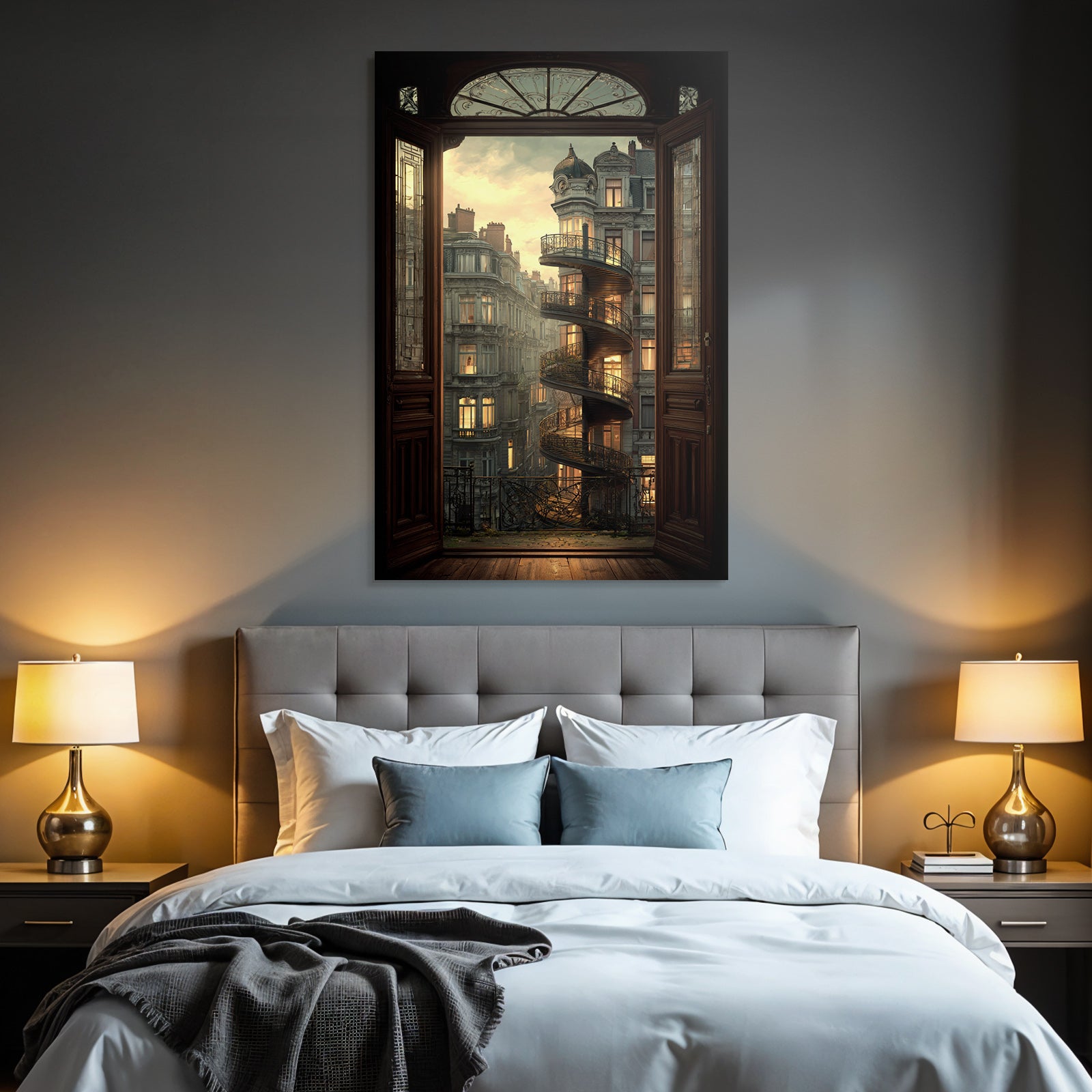 Spiral Staircase Outdoor Ornate Door Twilight Scenes Illuminated