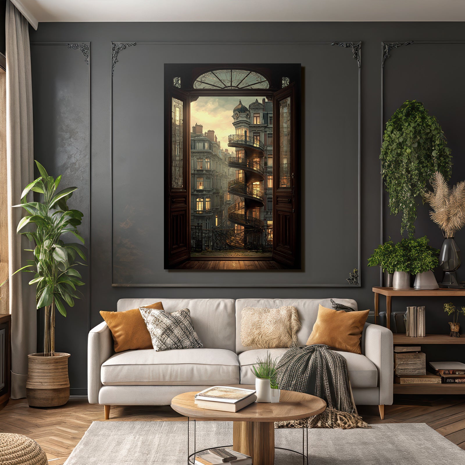 Spiral Staircase Outdoor Ornate Door Twilight Scenes Illuminated