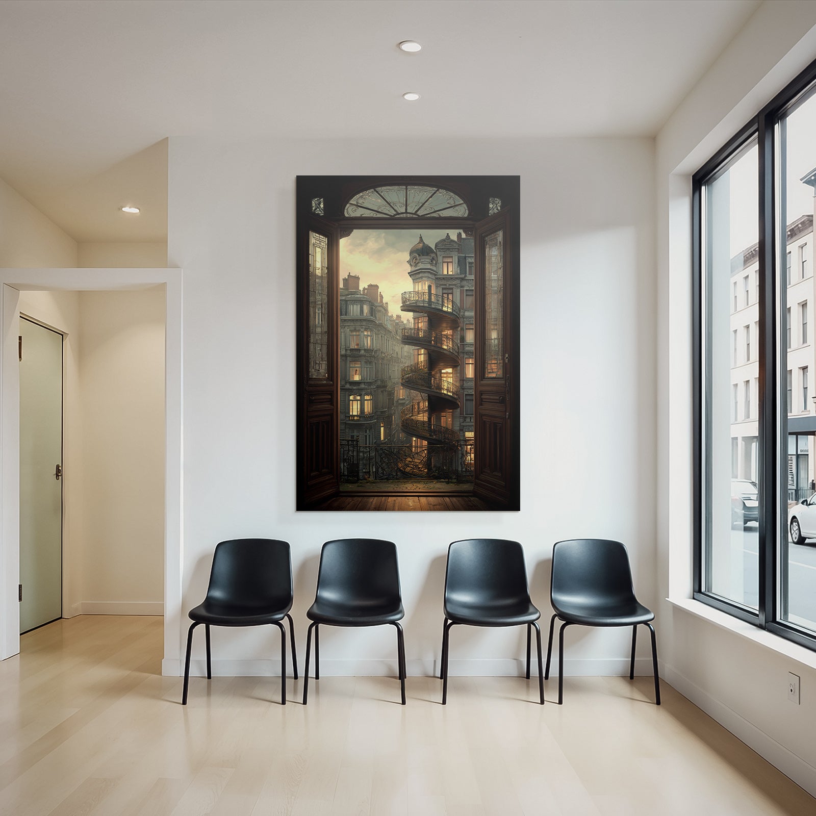 Spiral Staircase Outdoor Ornate Door Twilight Scenes Illuminated