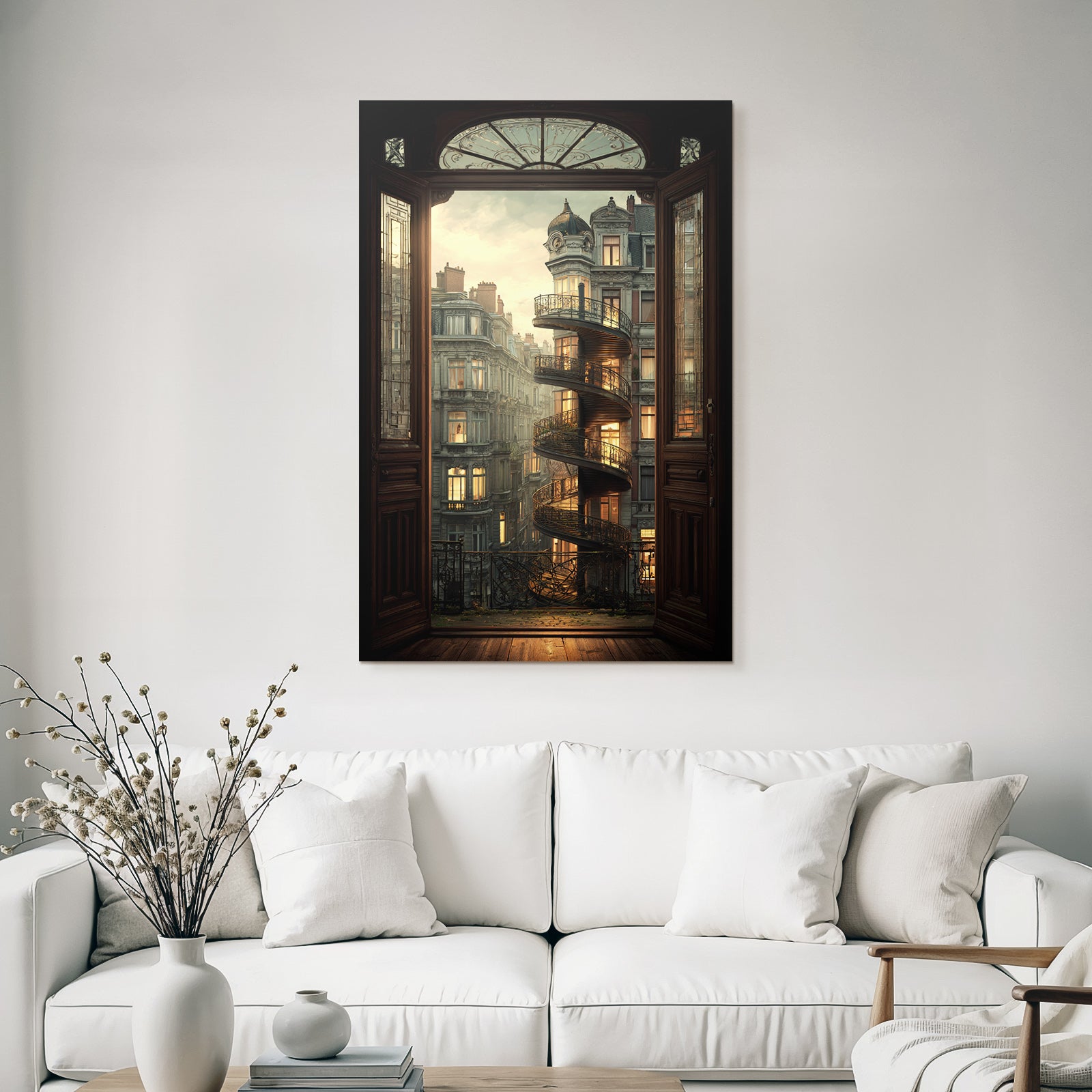 Spiral Staircase Outdoor Ornate Door Twilight Scenes Illuminated