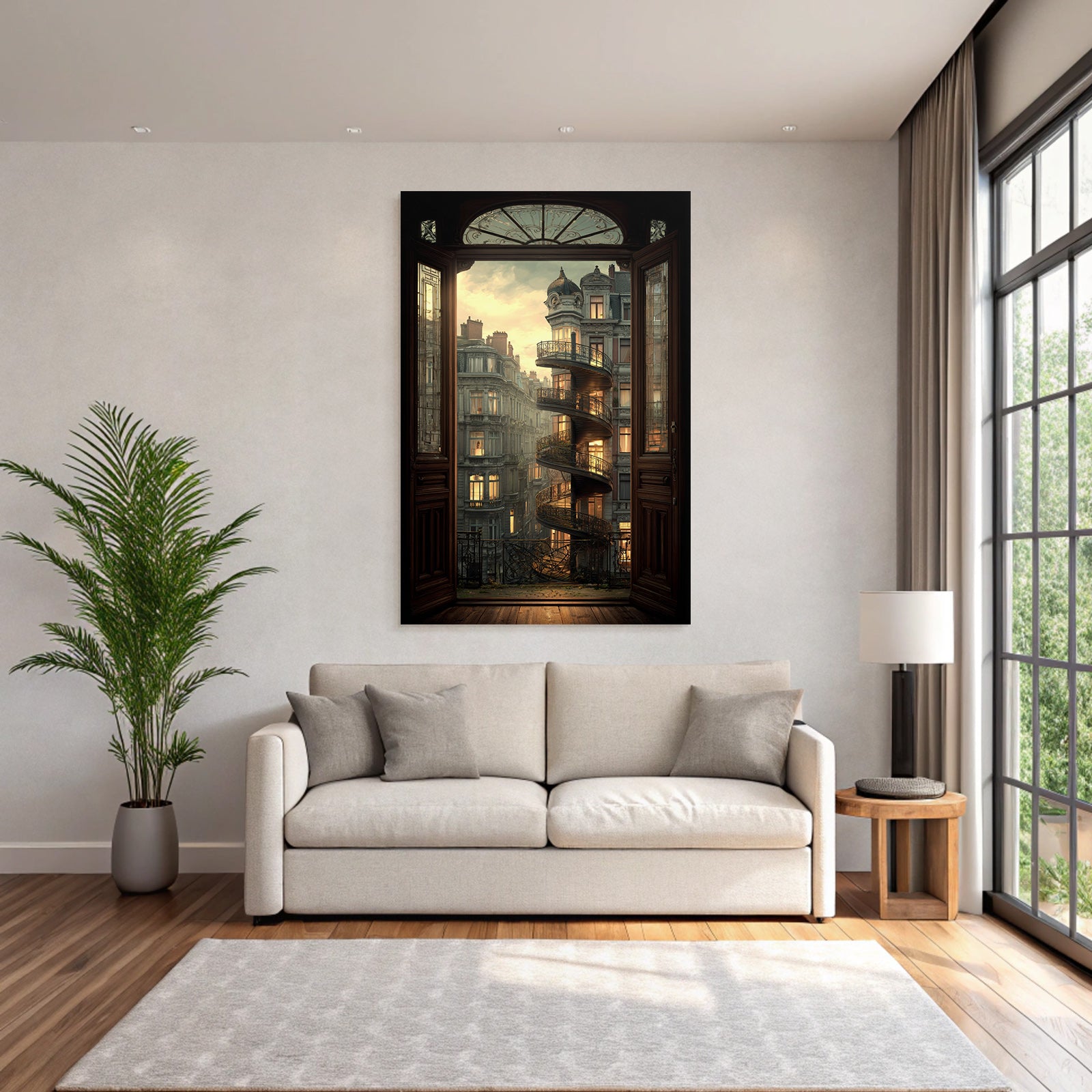 Spiral Staircase Outdoor Ornate Door Twilight Scenes Illuminated