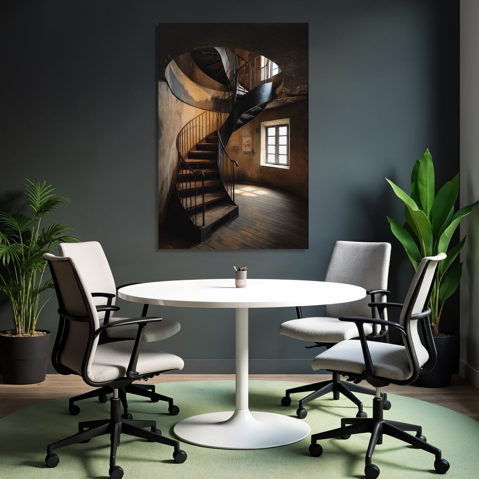 Spiral staircase inside a dimly lit room
