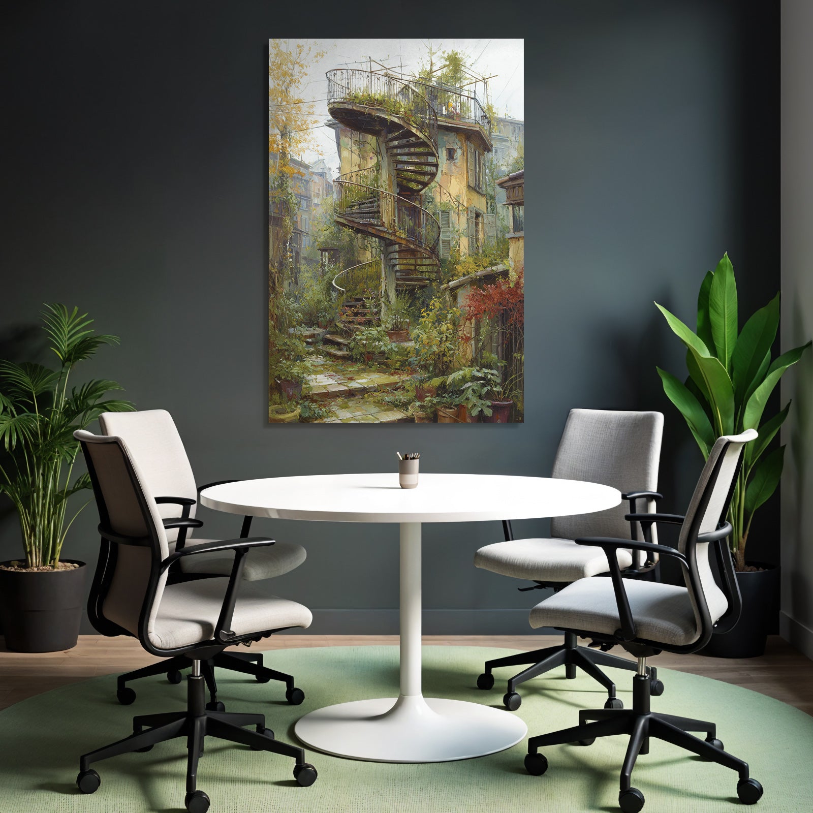 Spiral Staircase Lush Greenery Peaceful Garden Courtyard