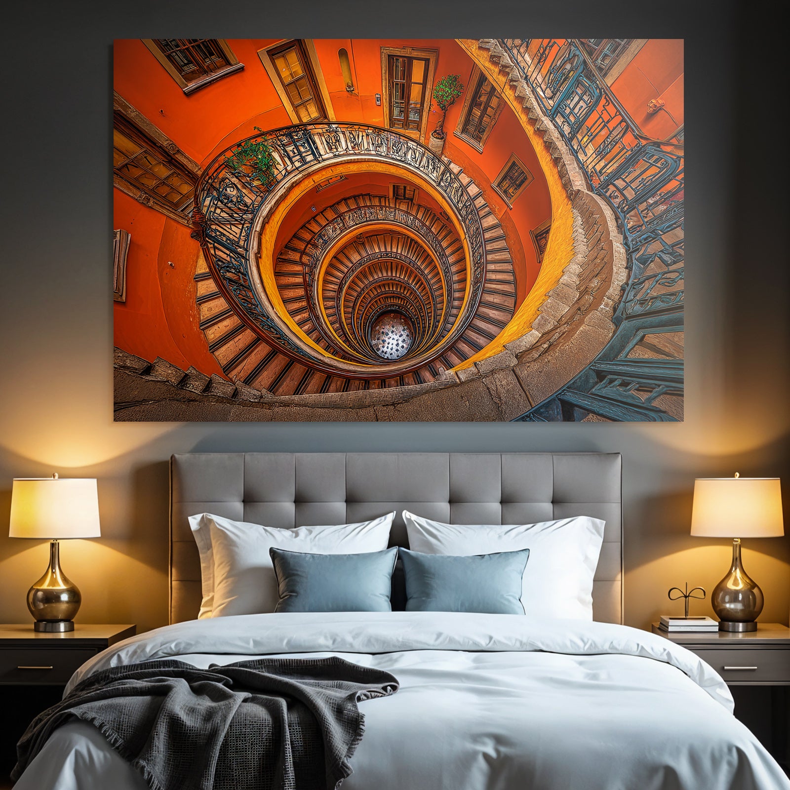 Spiral Staircase with Wooden Steps and Oriented Railing Orange Wall Decoration