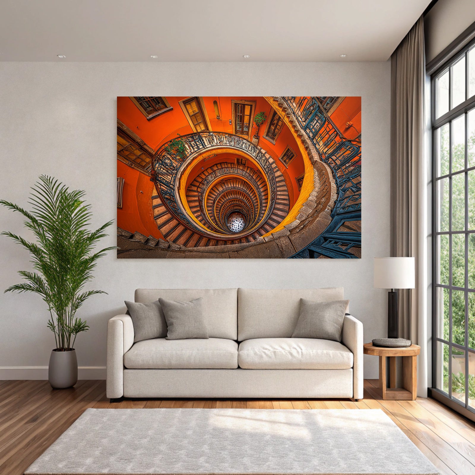 Spiral Staircase with Wooden Steps and Oriented Railing Orange Wall Decoration