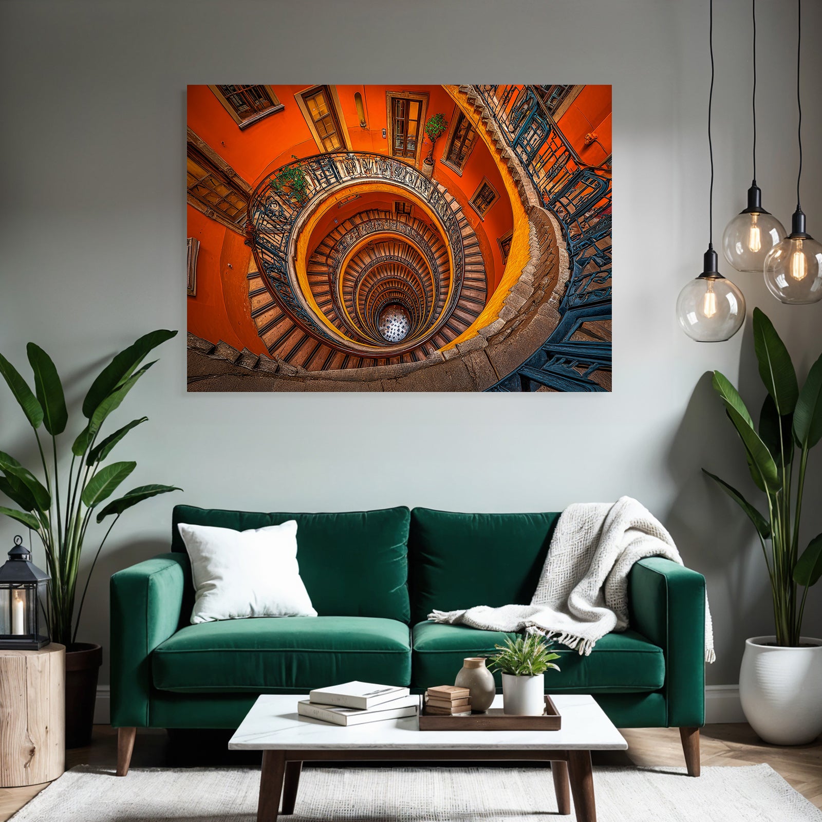 Spiral Staircase with Wooden Steps and Oriented Railing Orange Wall Decoration
