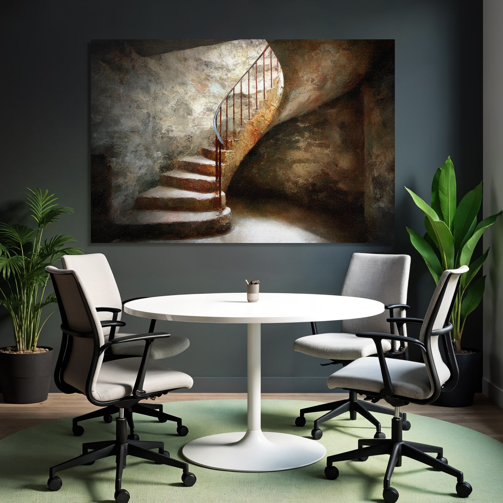 Spiral Staircase Rustic Dim Light Environment Steps Stones Metal Railing