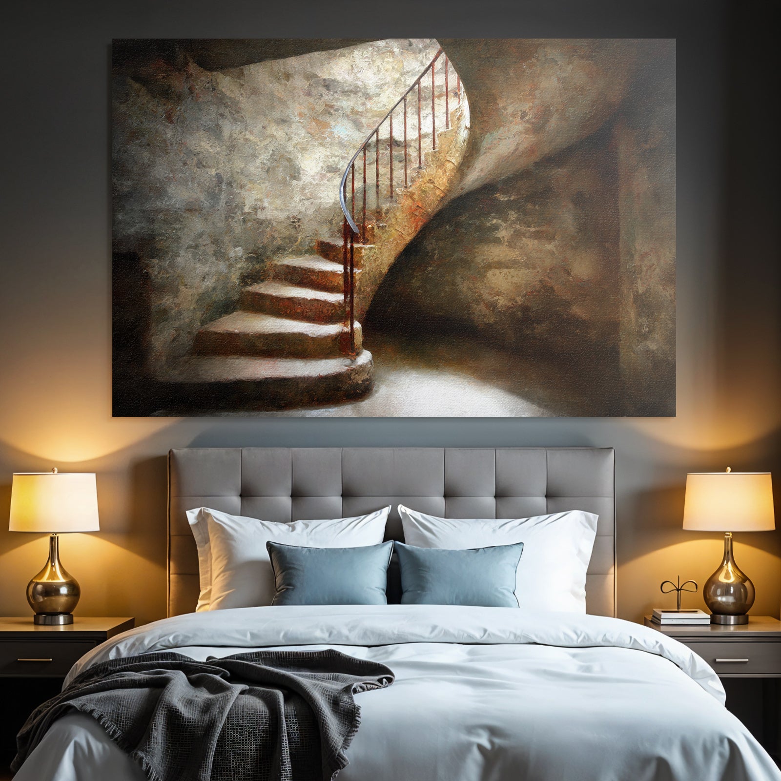 Spiral Staircase Rustic Dim Light Environment Steps Stones Metal Railing