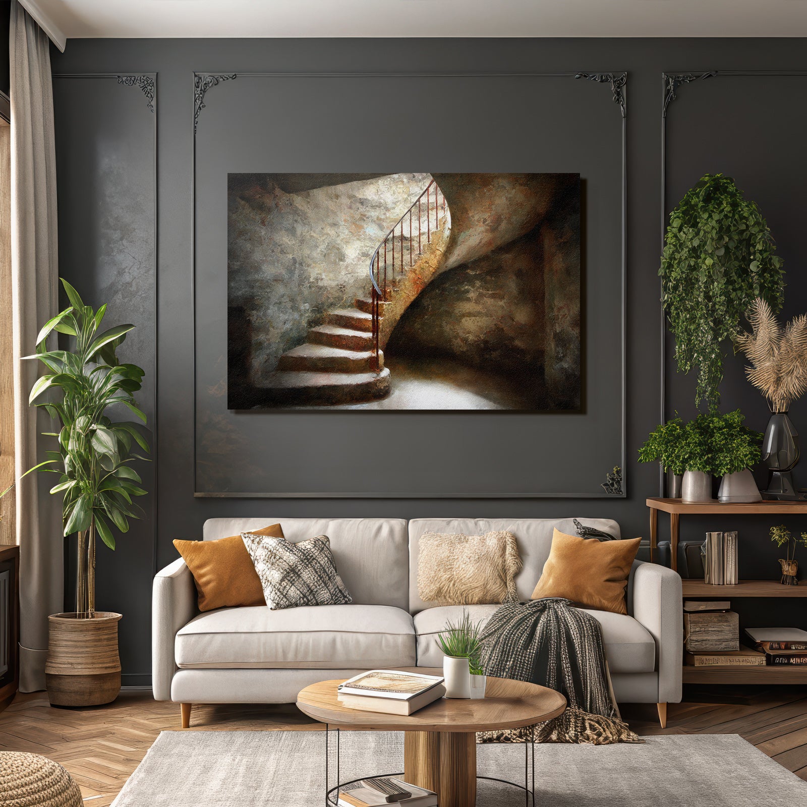 Spiral Staircase Rustic Dim Light Environment Steps Stones Metal Railing