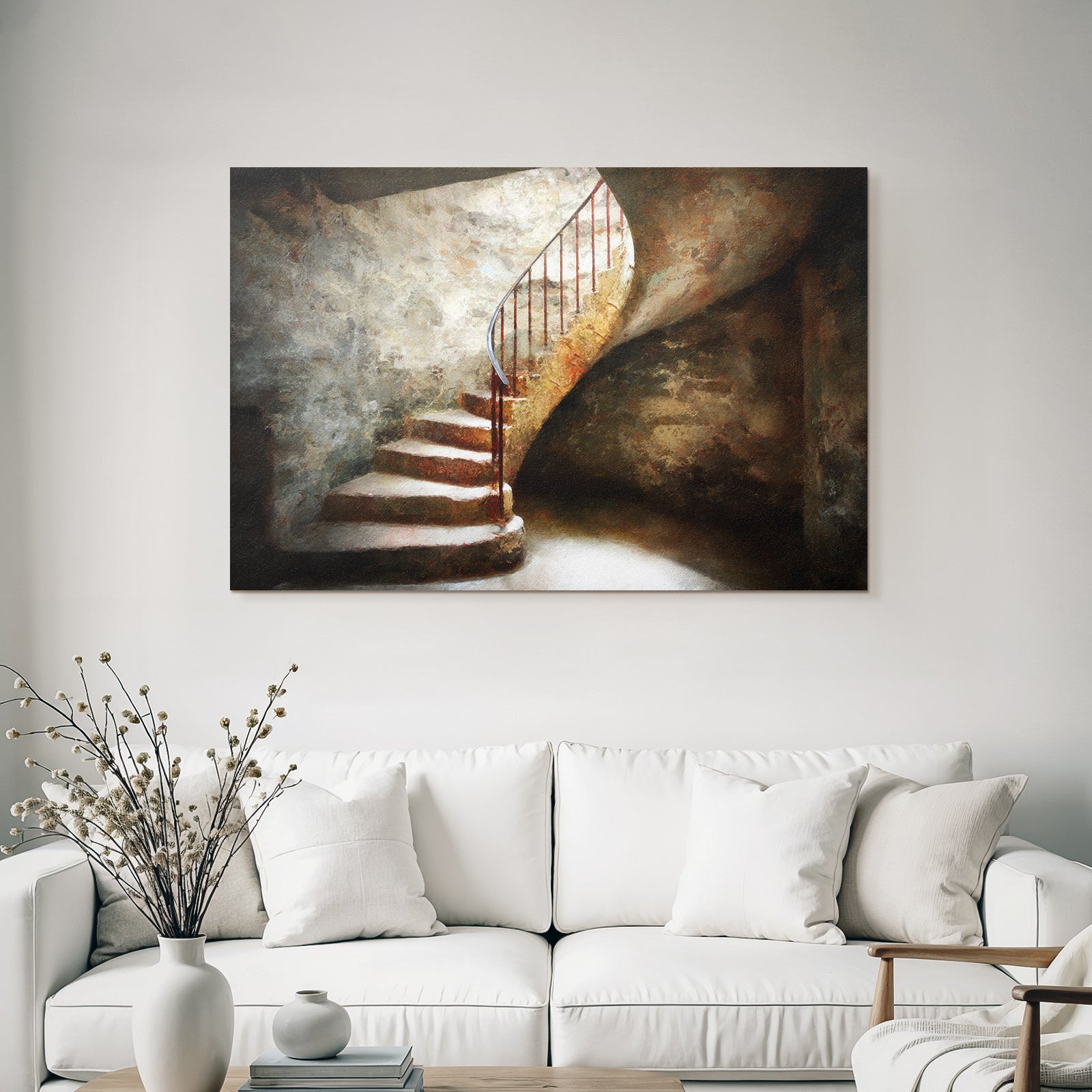 Spiral Staircase Rustic Dim Light Environment Steps Stones Metal Railing