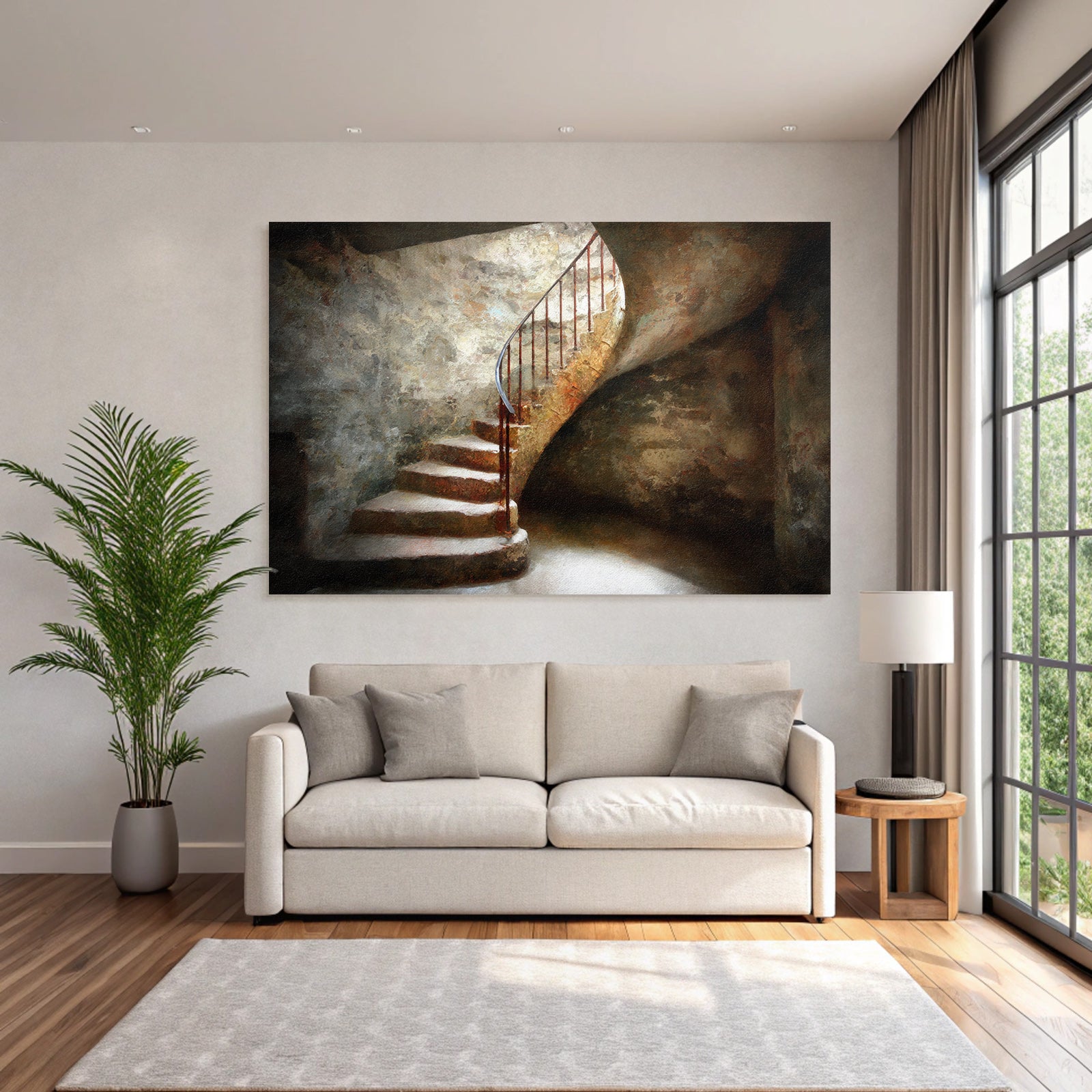 Spiral Staircase Rustic Dim Light Environment Steps Stones Metal Railing