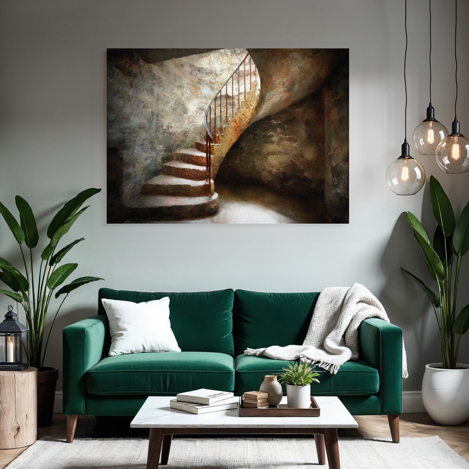 Spiral Staircase Rustic Dim Light Environment Steps Stones Metal Railing