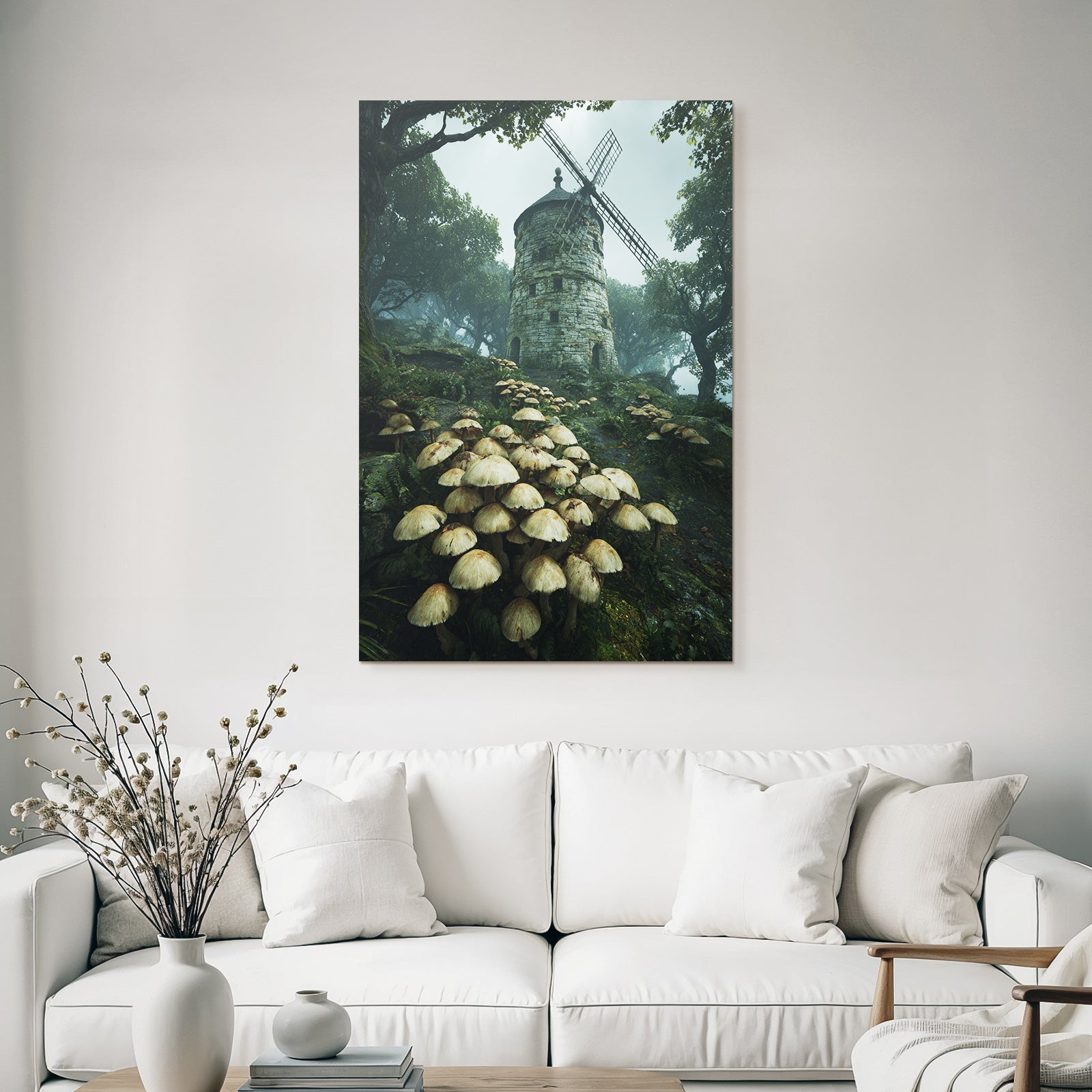 Stone Mill in the Fog Surrounded by Plants and Mushrooms