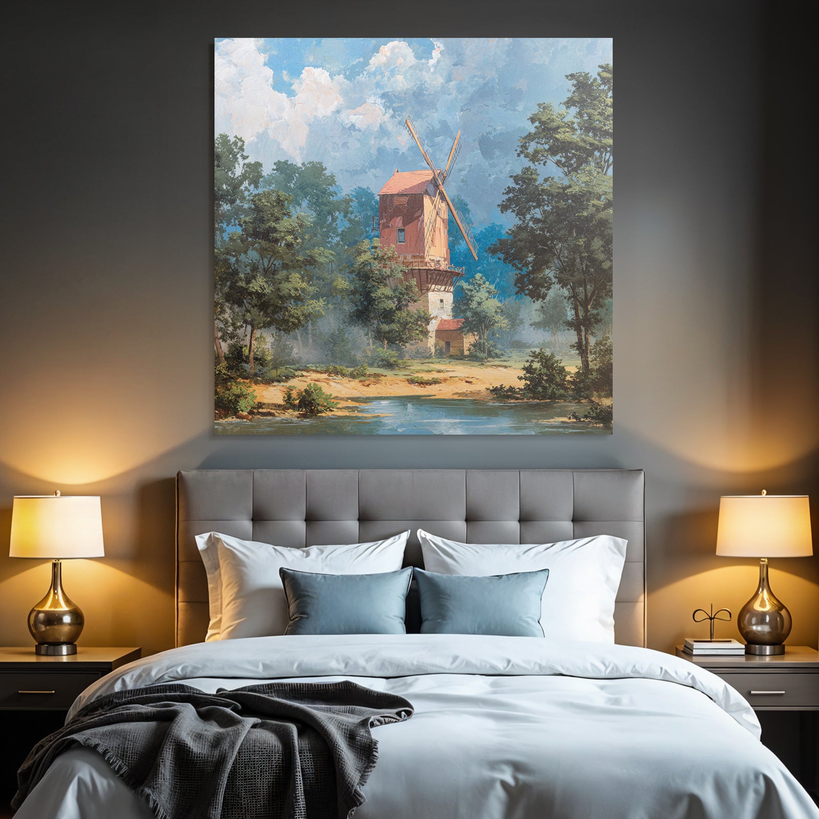 Wohnliche Landschaft Mit Windmühle Und Gewässer