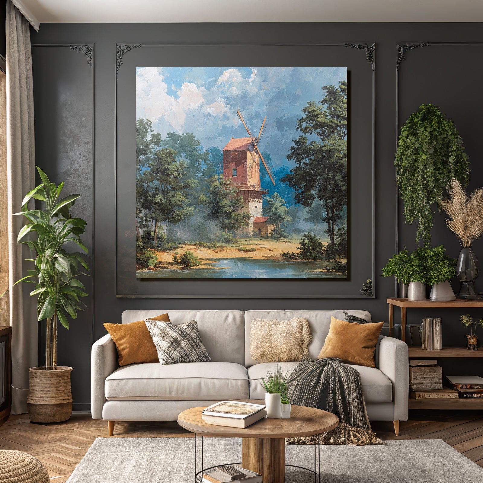 Wohnliche Landschaft Mit Windmühle Und Gewässer