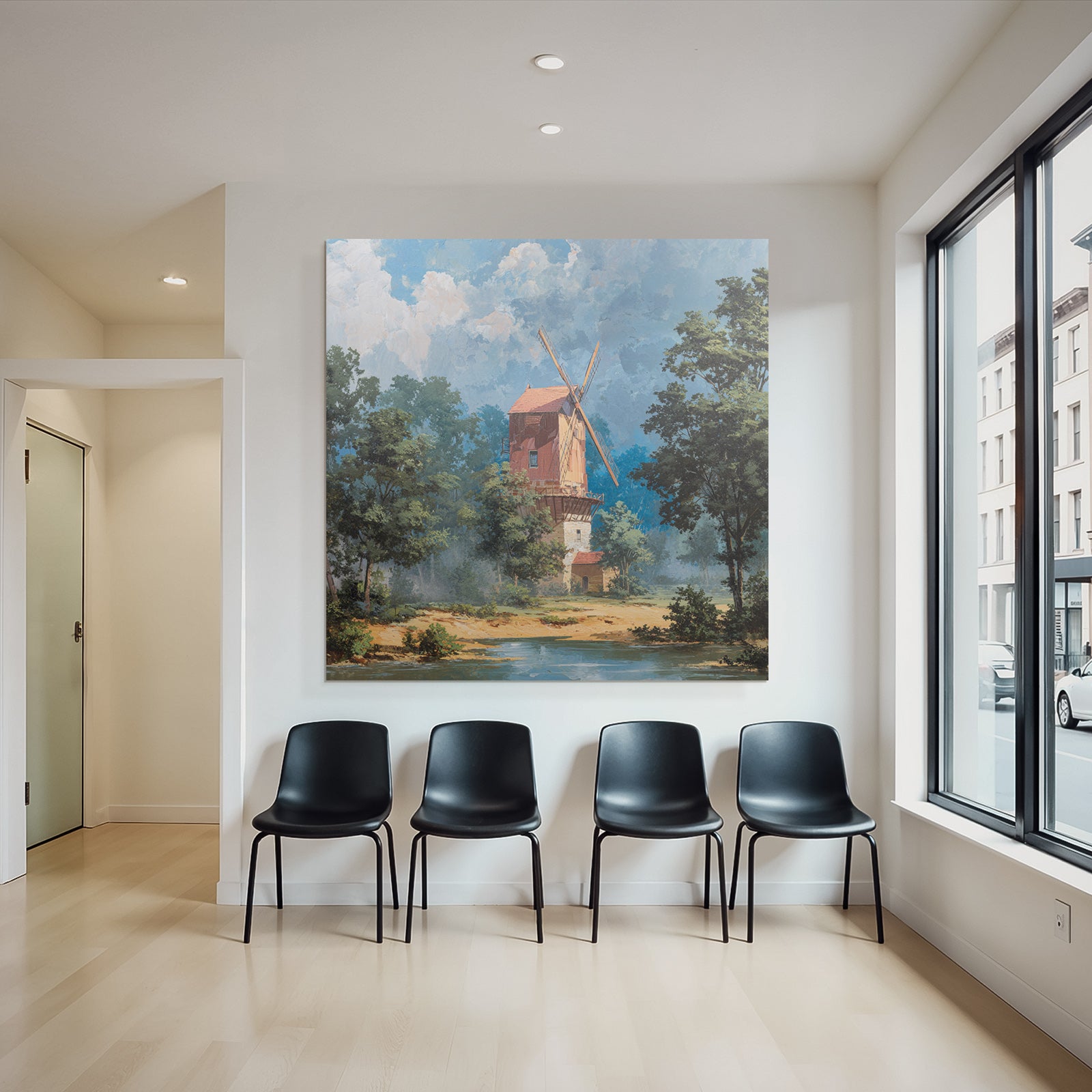 Wohnliche Landschaft Mit Windmühle Und Gewässer