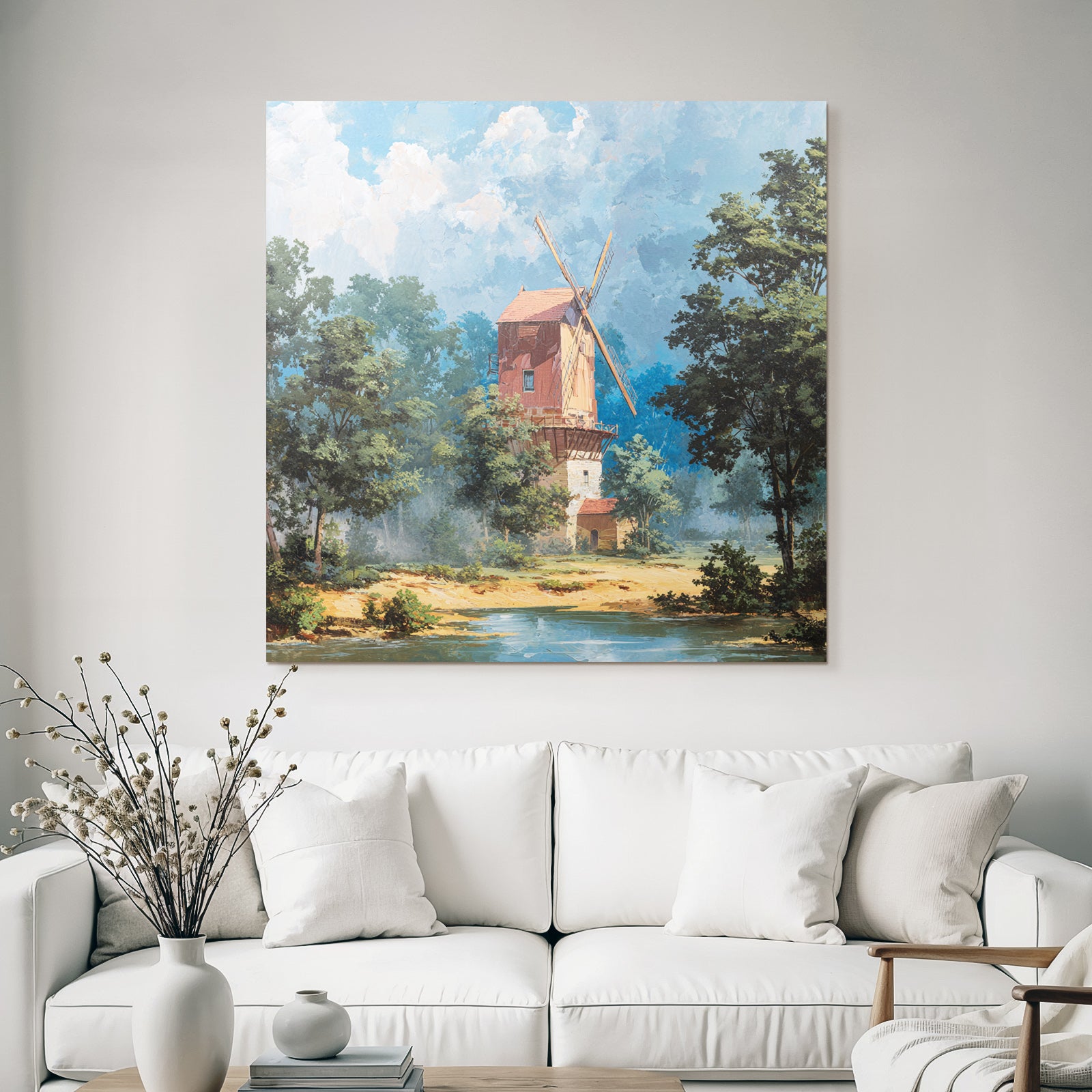 Wohnliche Landschaft Mit Windmühle Und Gewässer