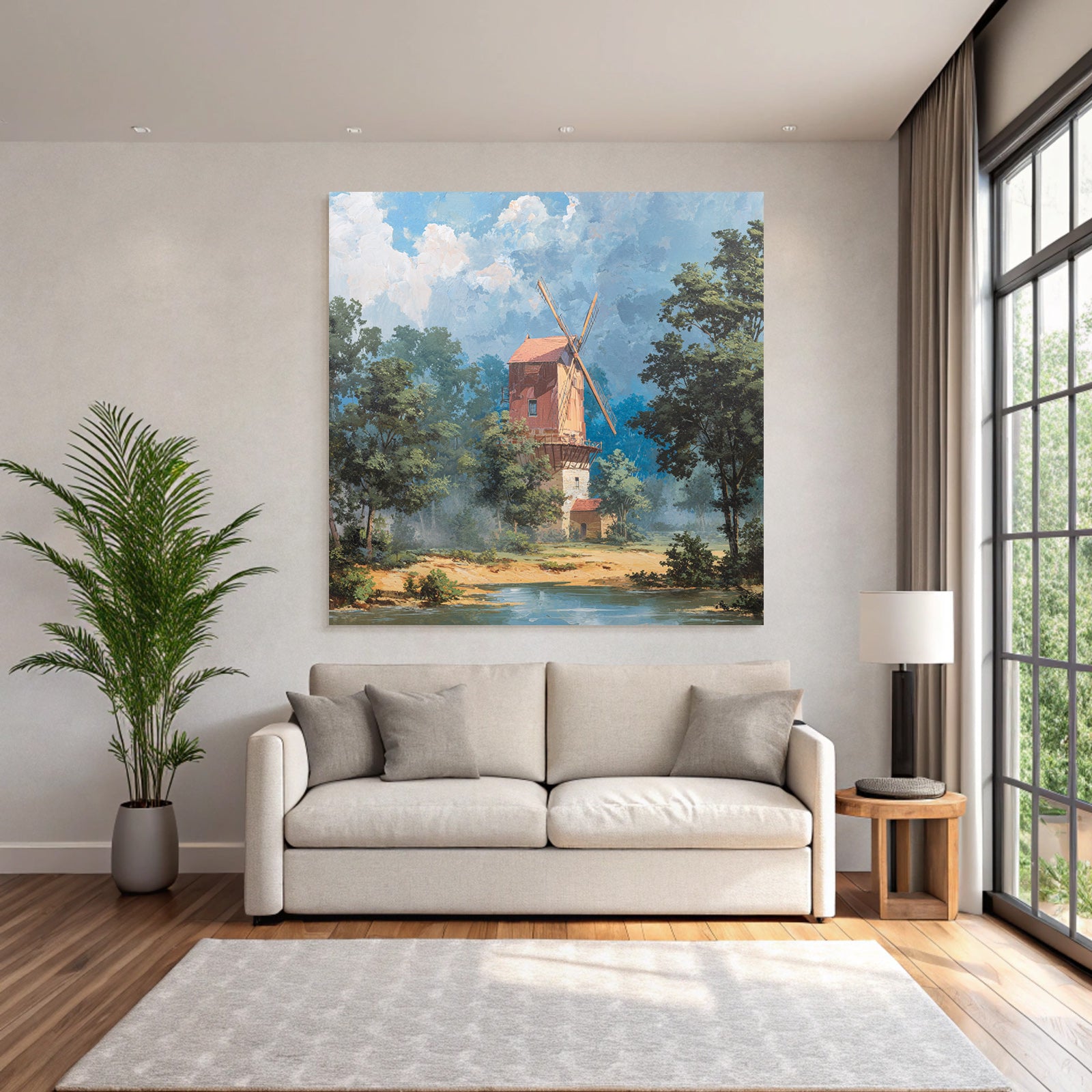 Wohnliche Landschaft Mit Windmühle Und Gewässer