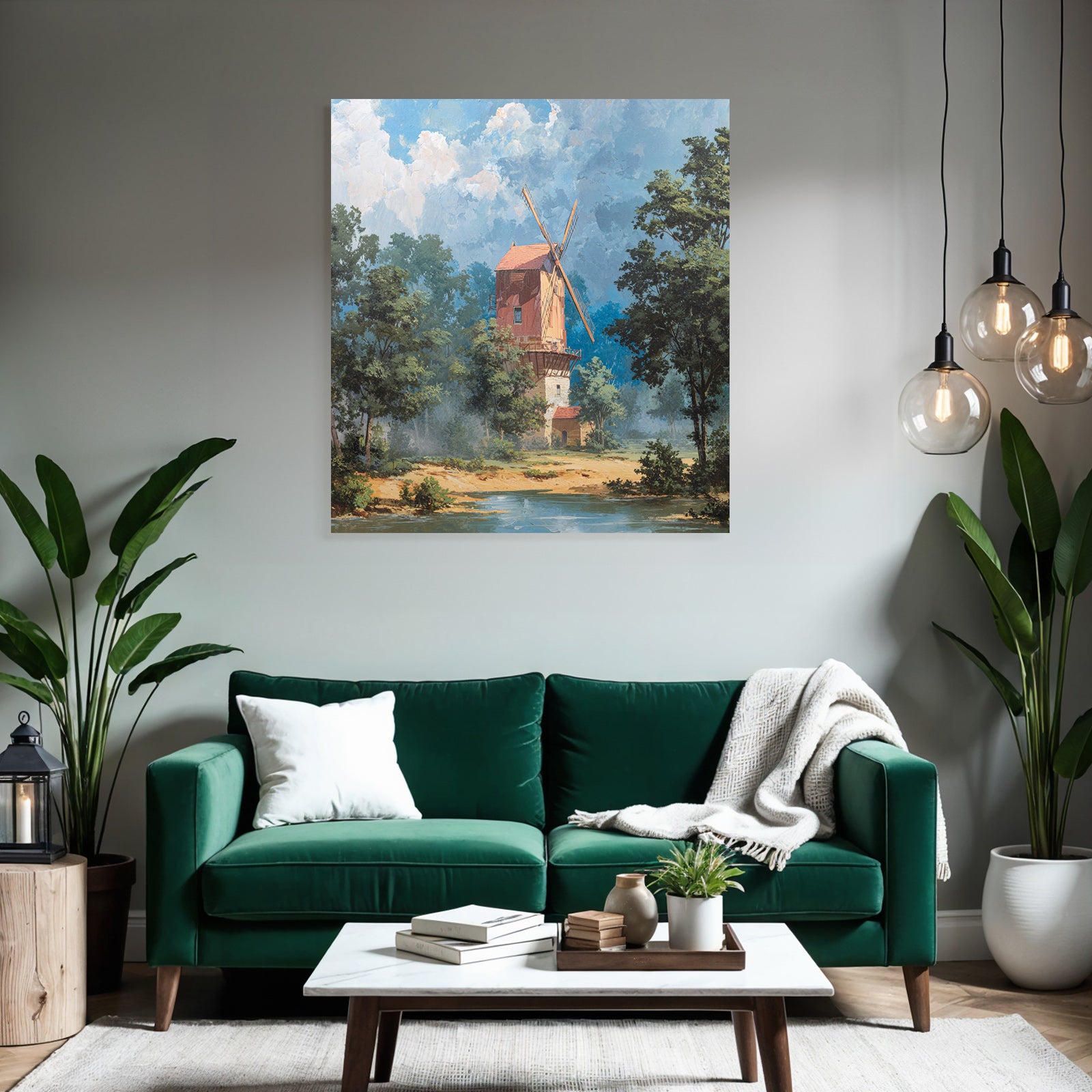 Wohnliche Landschaft Mit Windmühle Und Gewässer