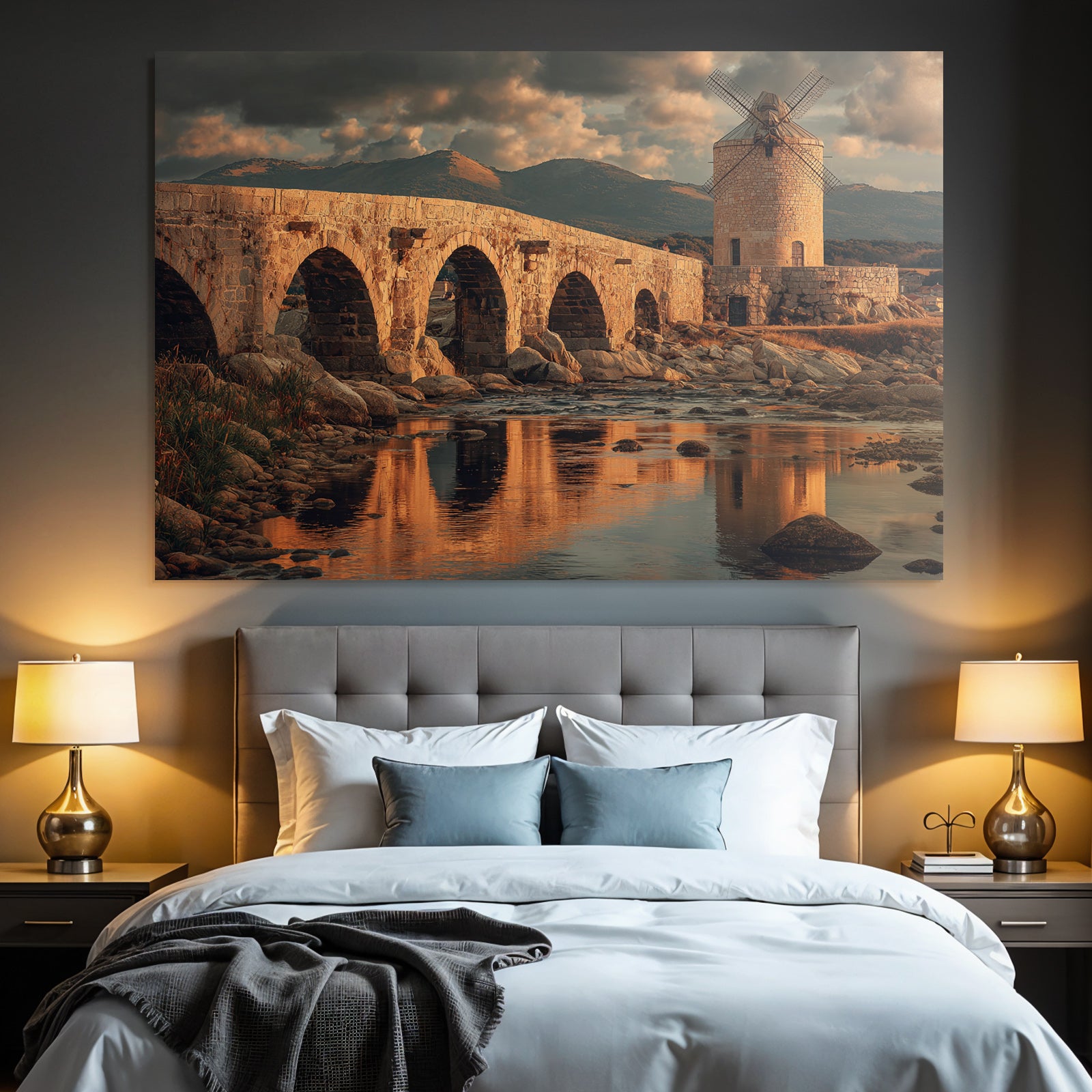 stone bridge mill mountains sky reflections