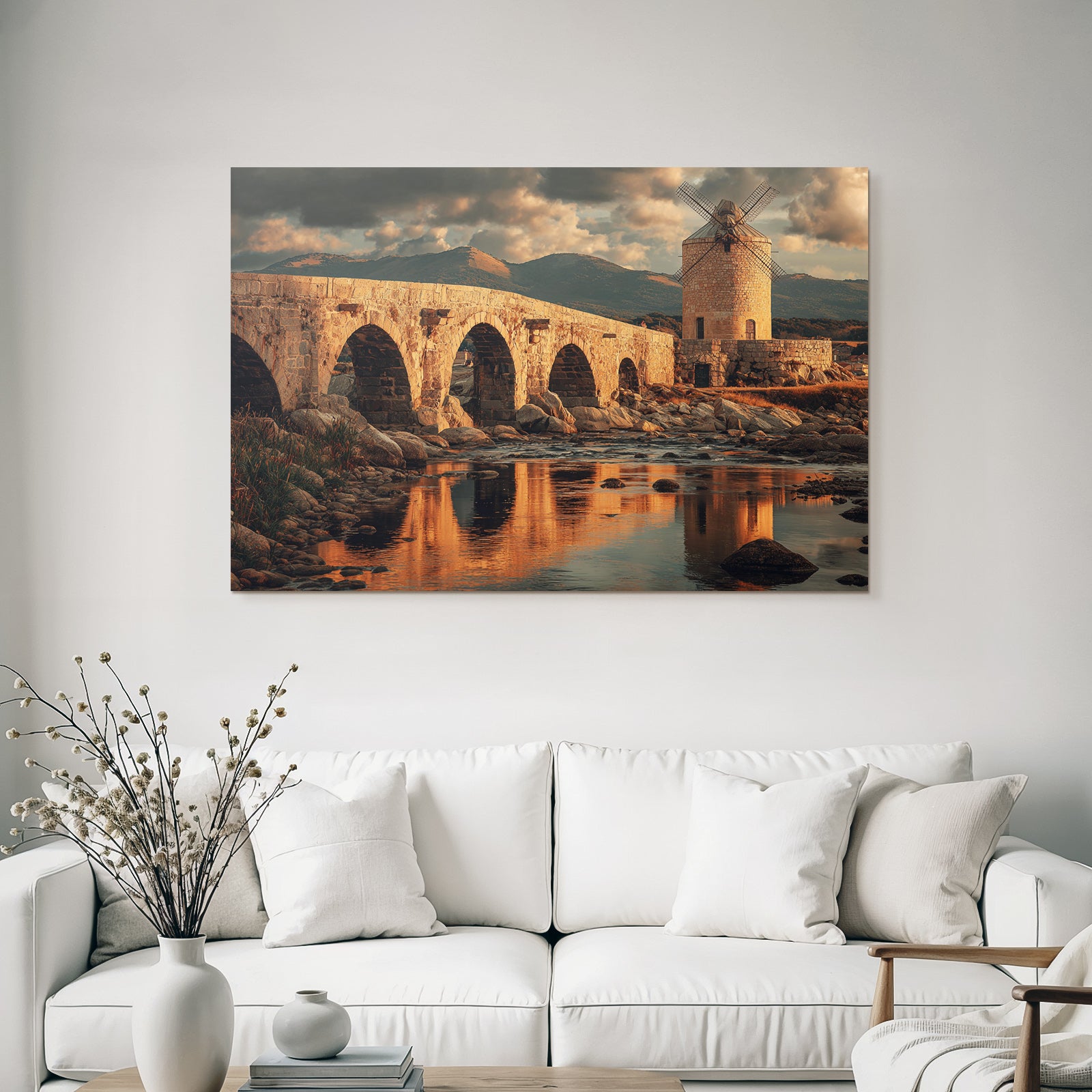 stone bridge mill mountains sky reflections