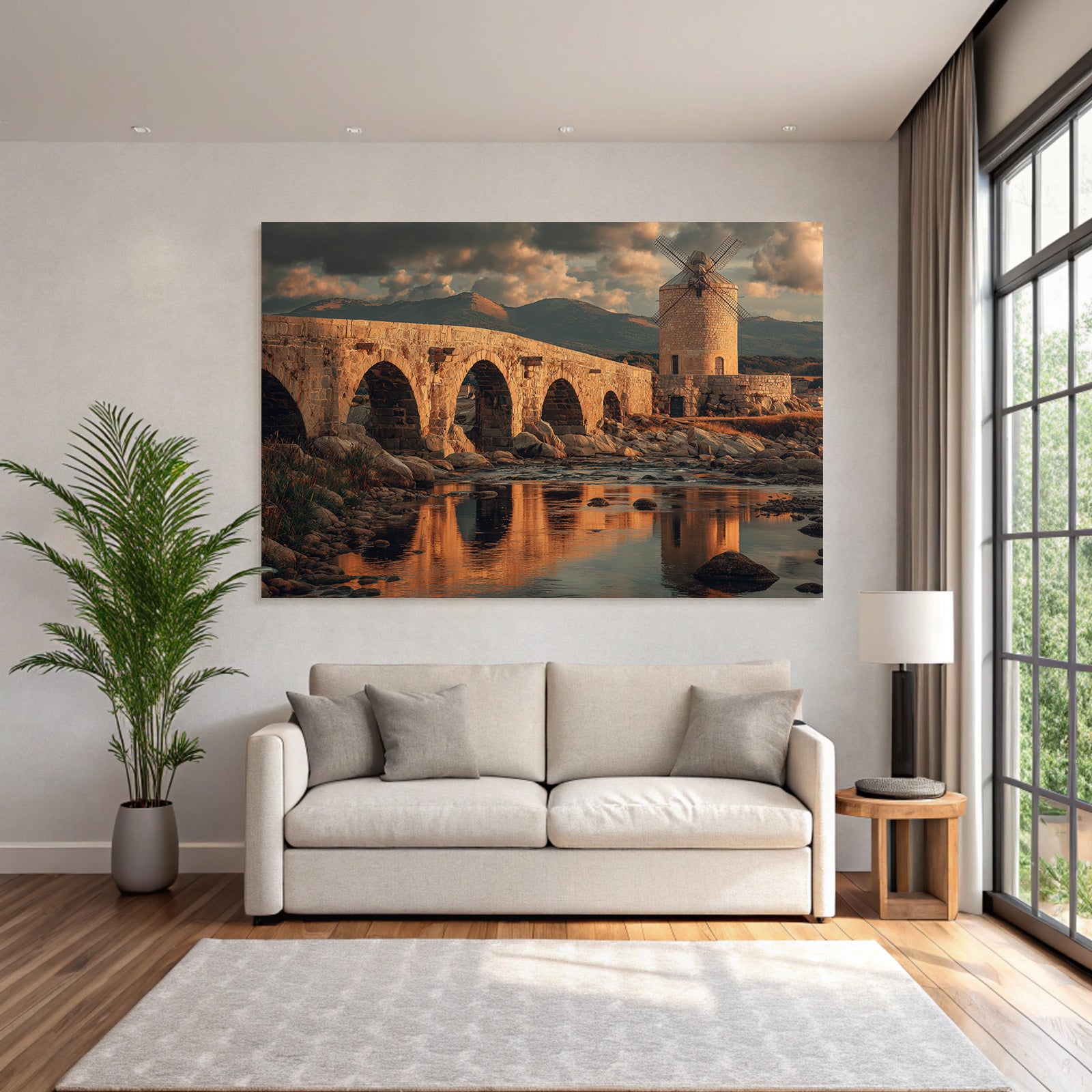 stone bridge mill mountains sky reflections