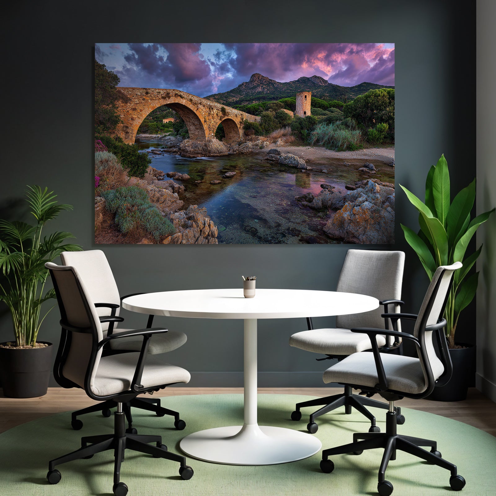 Stone Bridge Over Water Picturesque Landscape Sunset