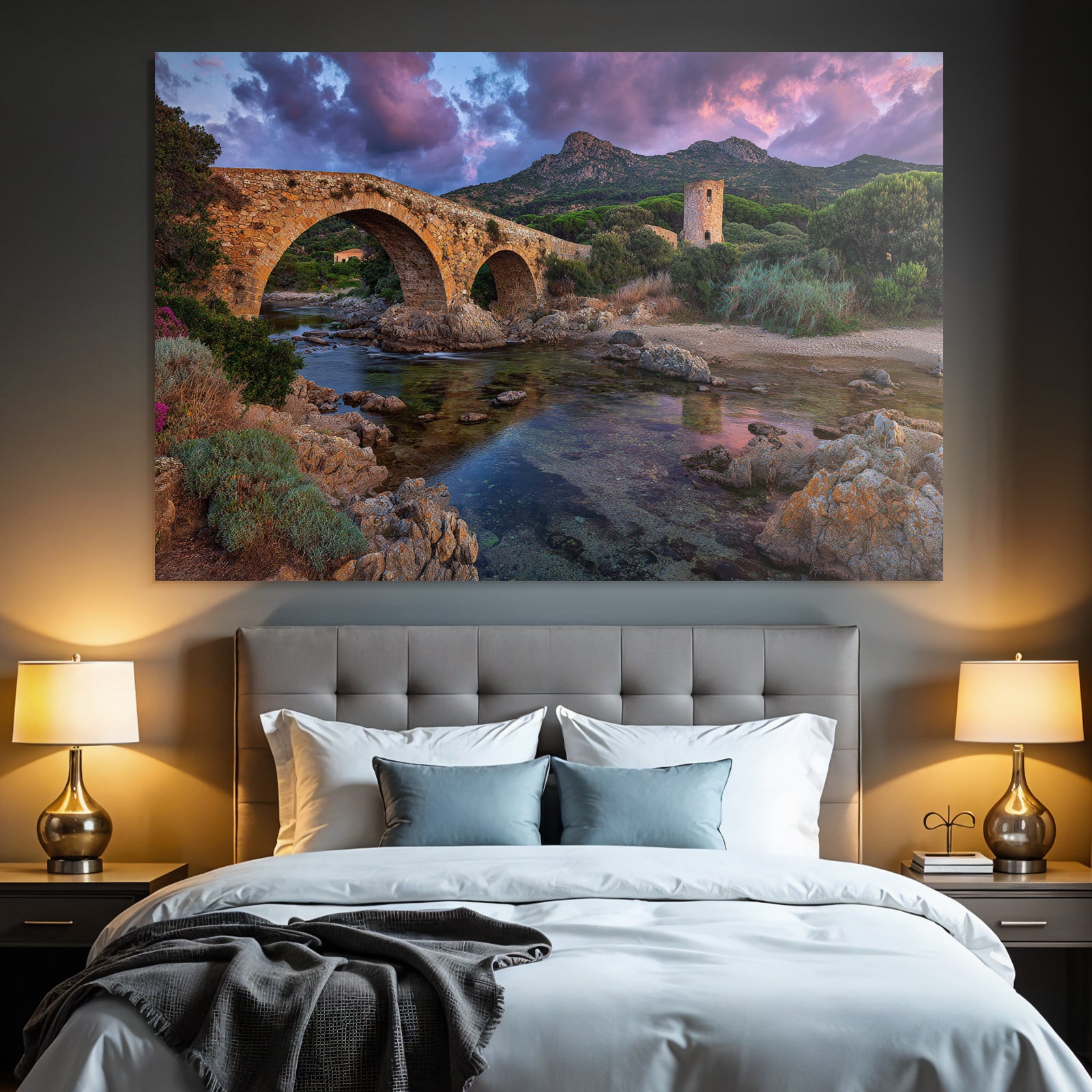 Stone Bridge Over Water Picturesque Landscape Sunset
