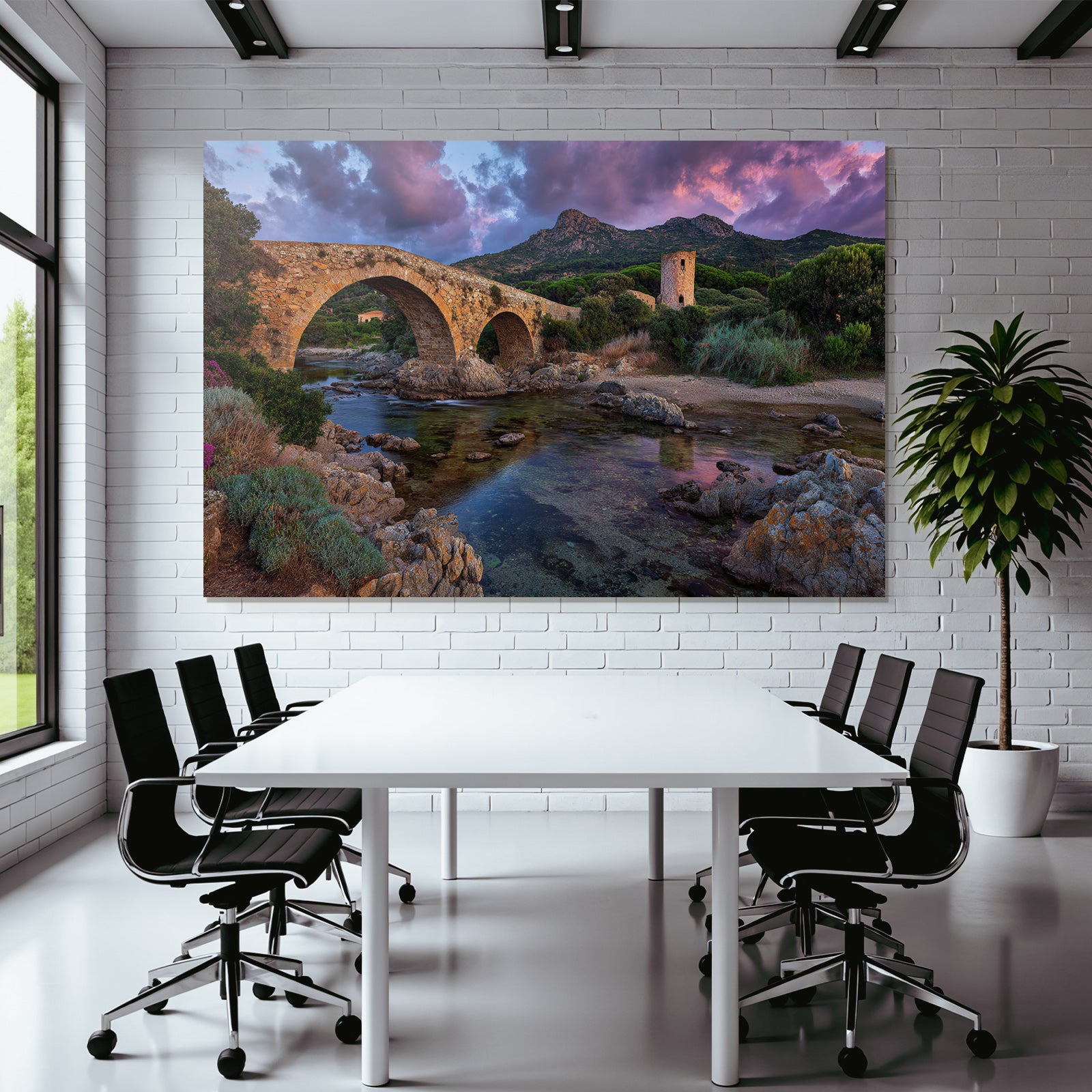 Stone Bridge Over Water Picturesque Landscape Sunset