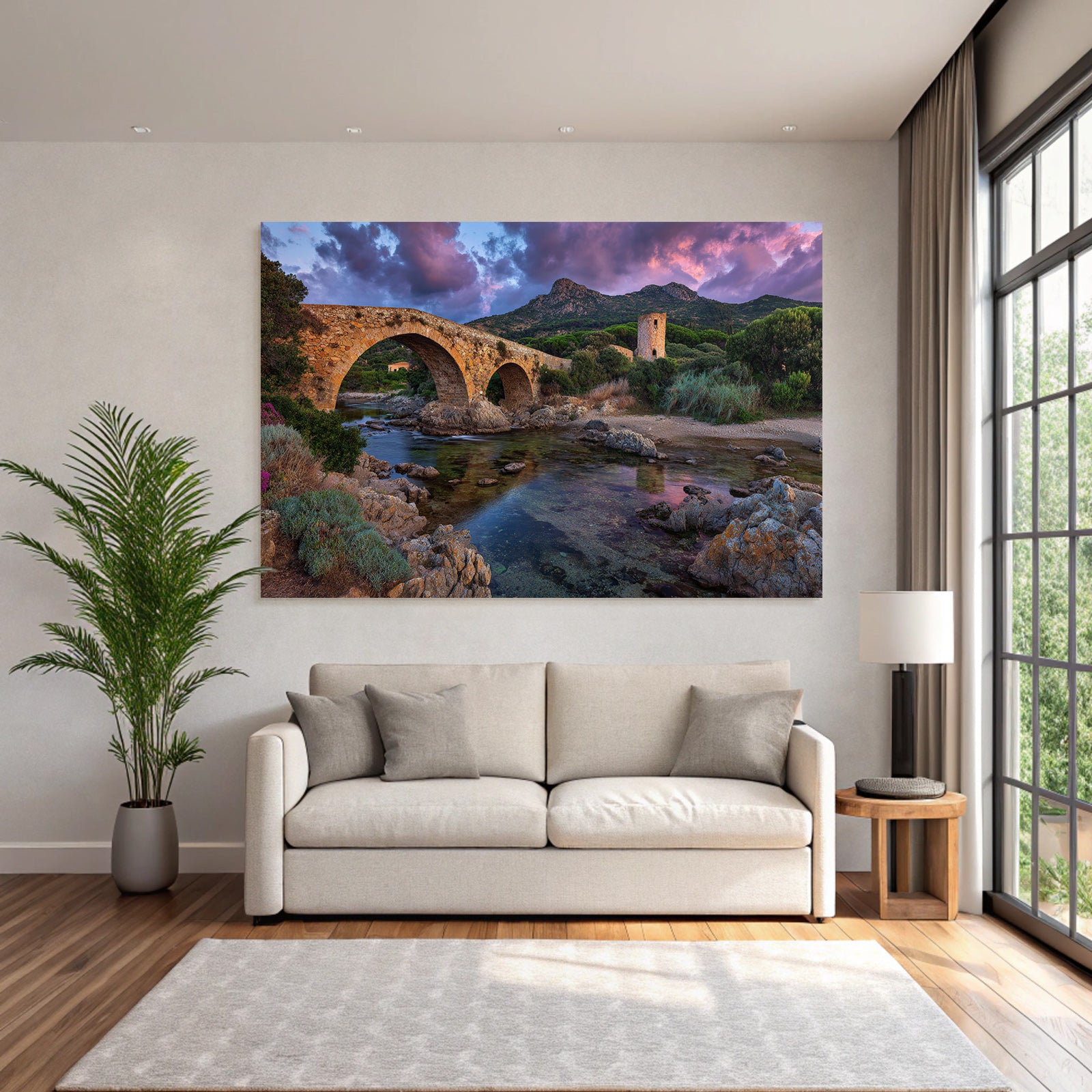 Stone Bridge Over Water Picturesque Landscape Sunset