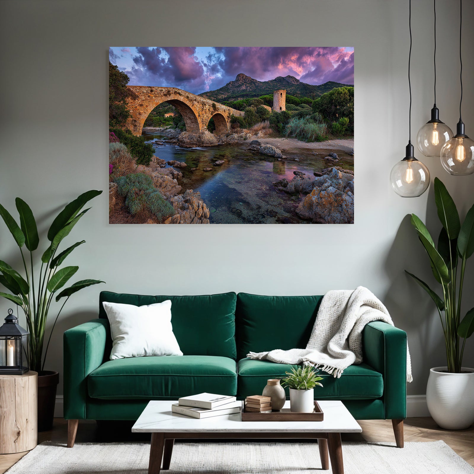 Stone Bridge Over Water Picturesque Landscape Sunset