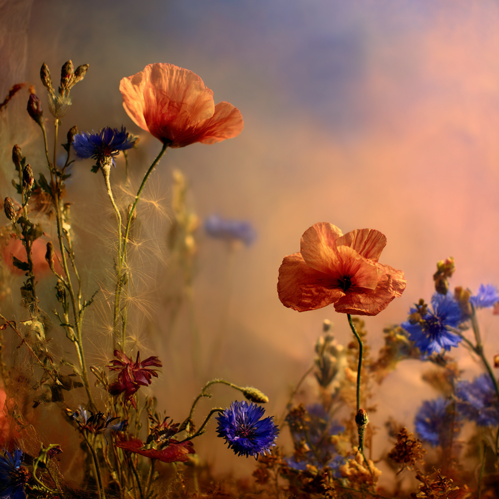 Serenes Arrangement Mit Orangen Mohn Und Blaün Korn | Mohn  Pusteblume  Kornblume | Blumen