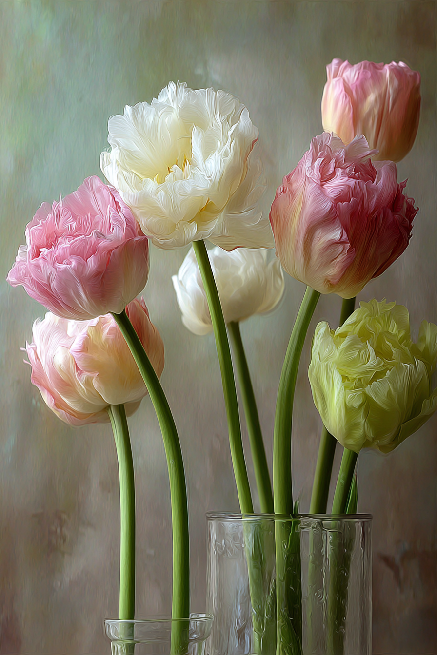 Strauss Von Zarten Frühlings Tulpen In Glasvasen | Rosen Tulpen Lavendel | Blumen