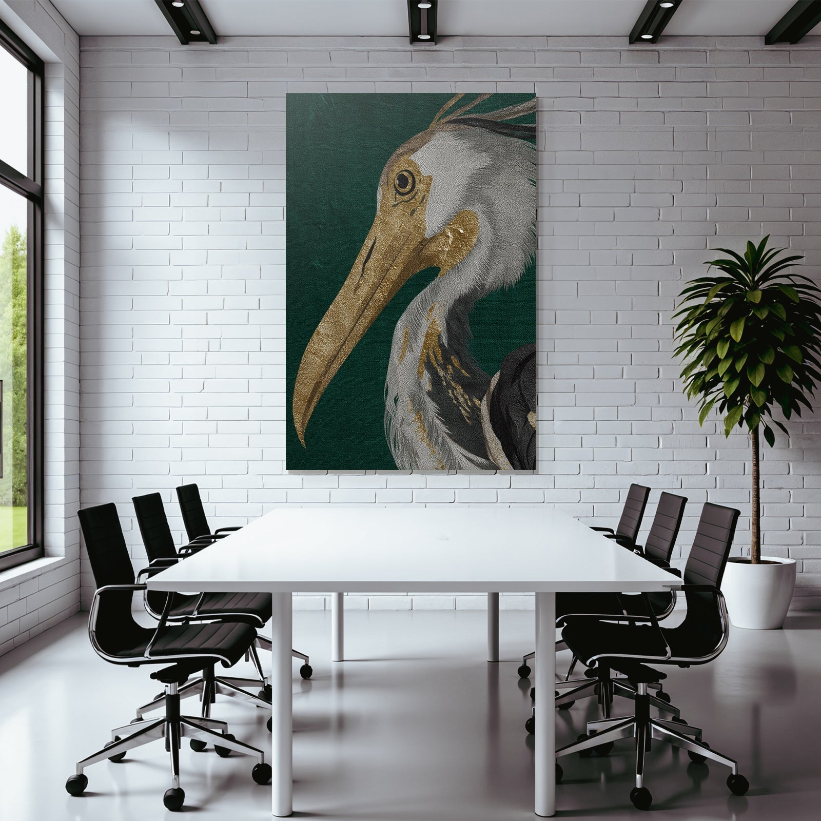 Kuenstlerische Darstellung Eines Vogels Heron Gold Grau Auf Gruenem Hintergrund