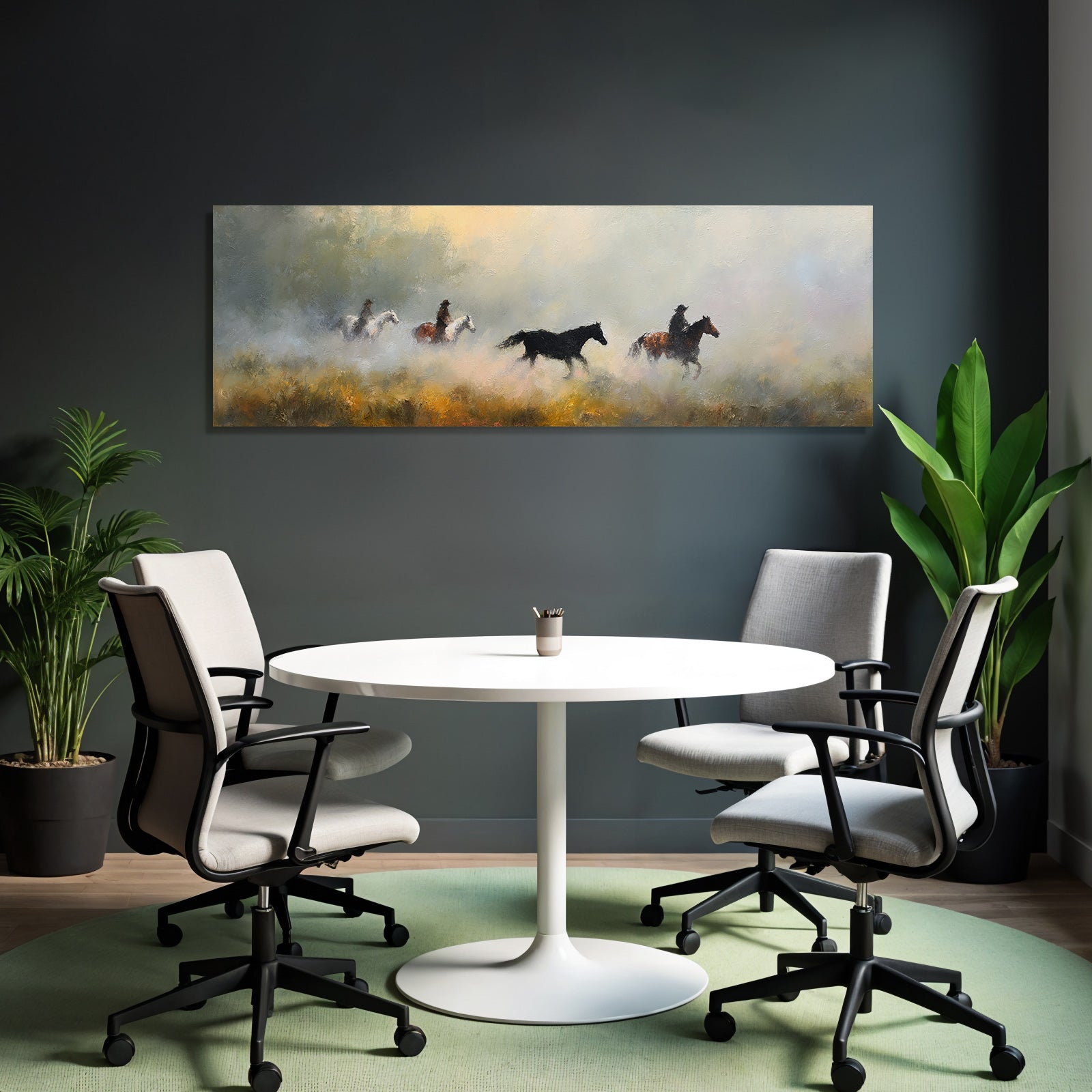 Serene Landschaft Pferde Reiter Nebel Impressionistisch