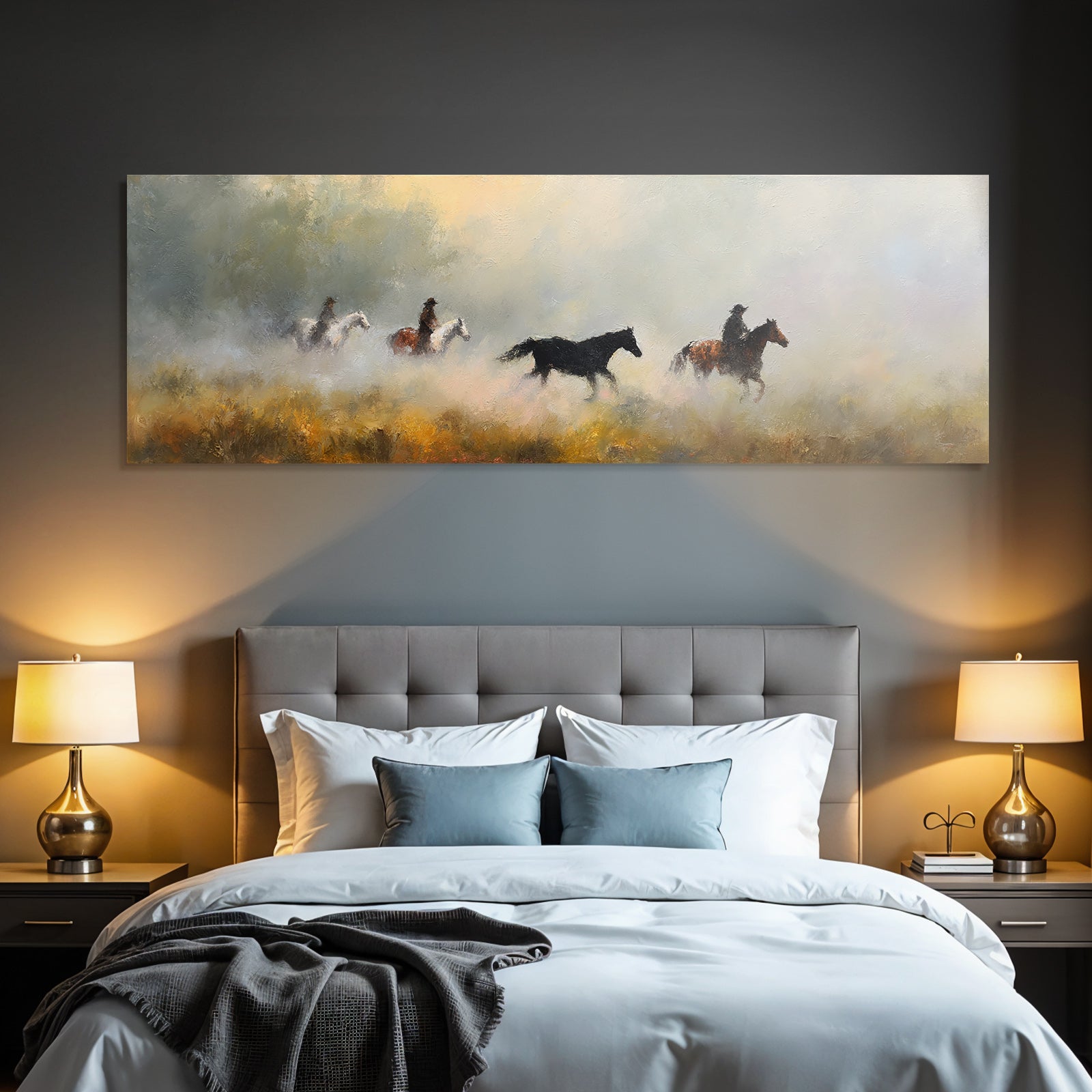 Serene Landschaft Pferde Reiter Nebel Impressionistisch