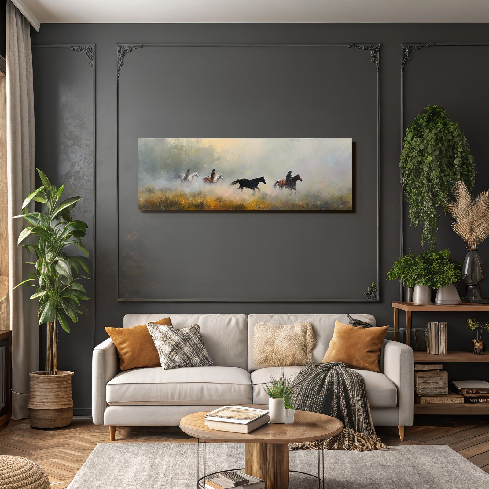 Serene Landschaft Pferde Reiter Nebel Impressionistisch