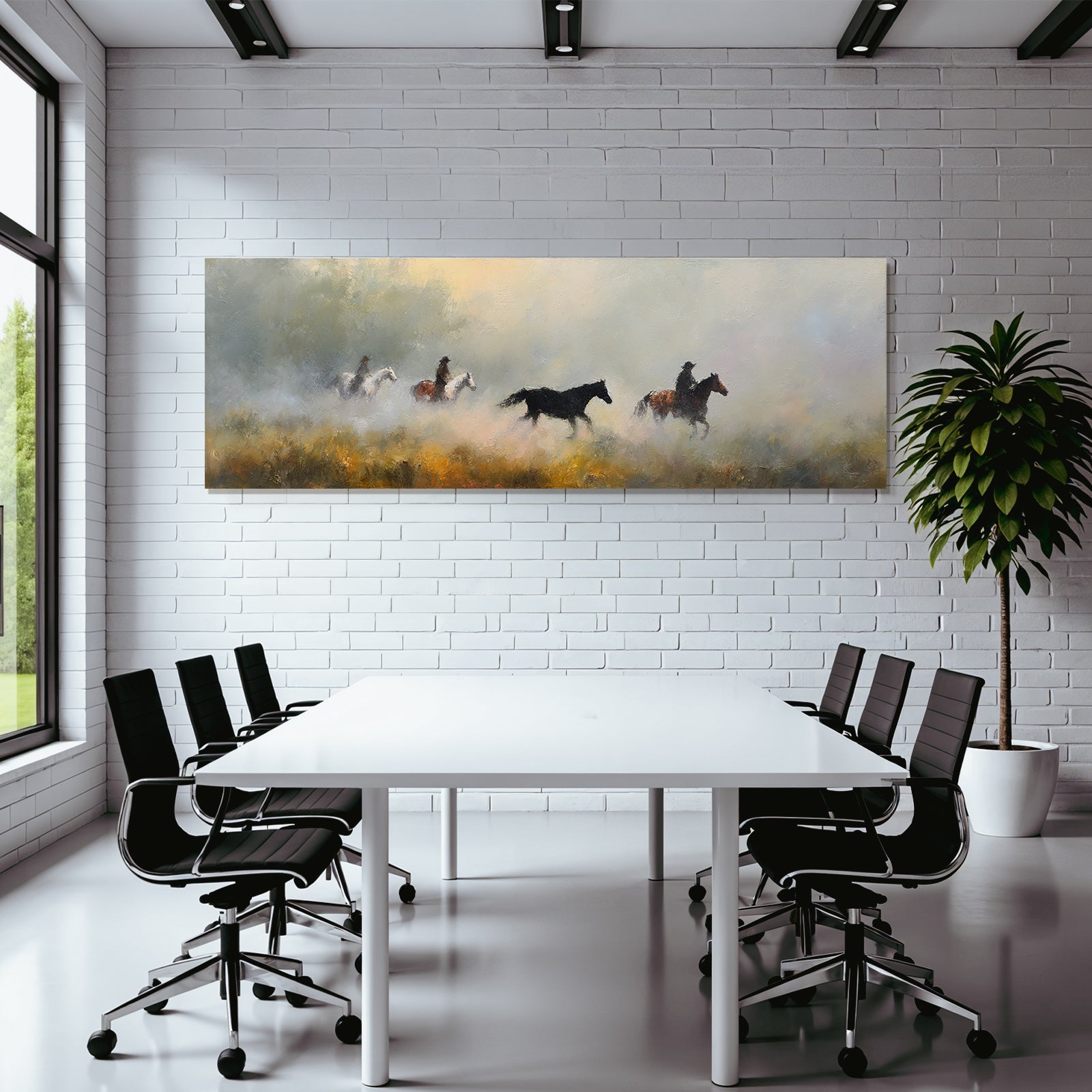 Serene Landschaft Pferde Reiter Nebel Impressionistisch