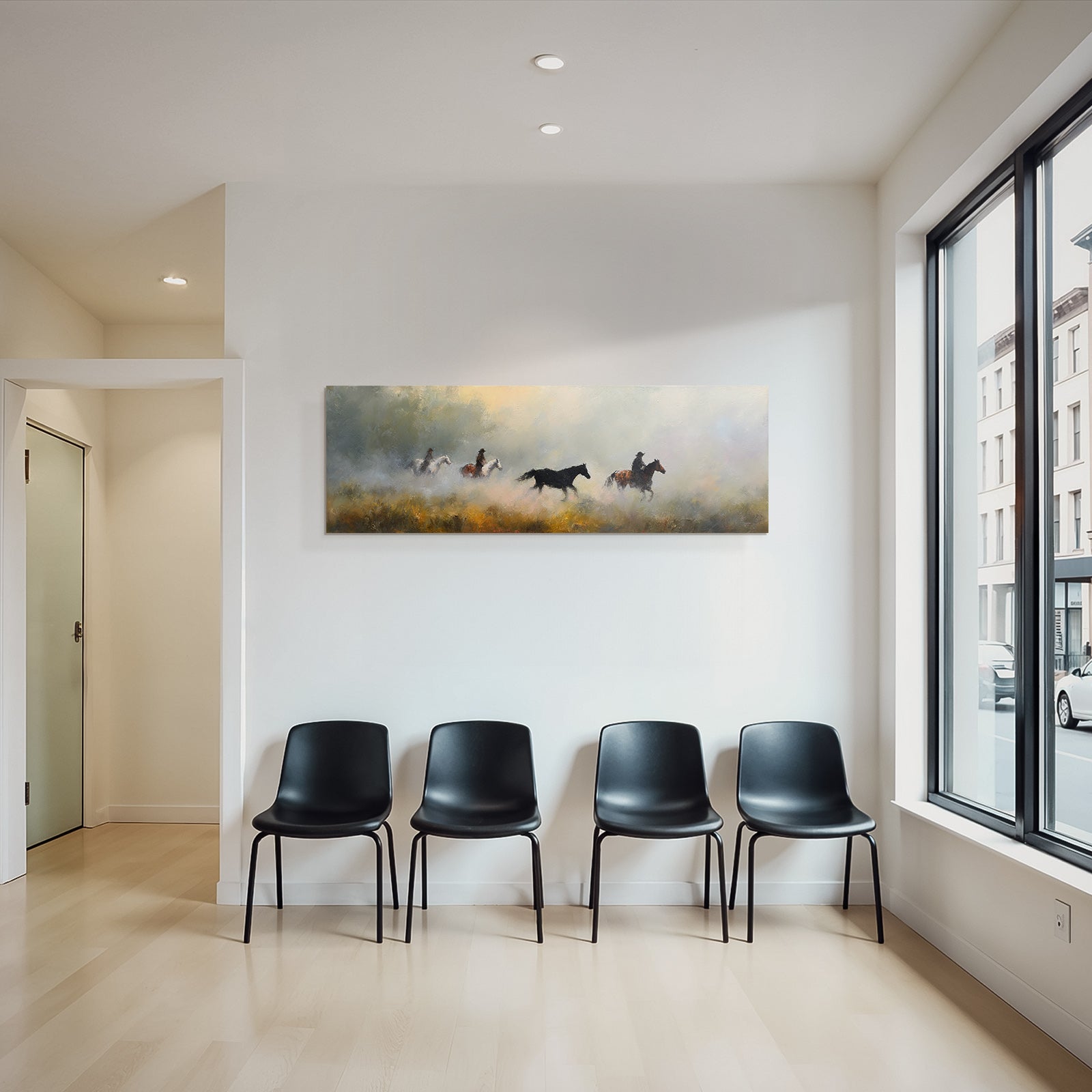 Serene Landschaft Pferde Reiter Nebel Impressionistisch